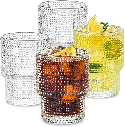 Vasos de vidrio vintage  Juego de 4 vasos de cóctel transparentes estilo origami de gotas de lluvia, patrón de detalles de cuentas, taza de café