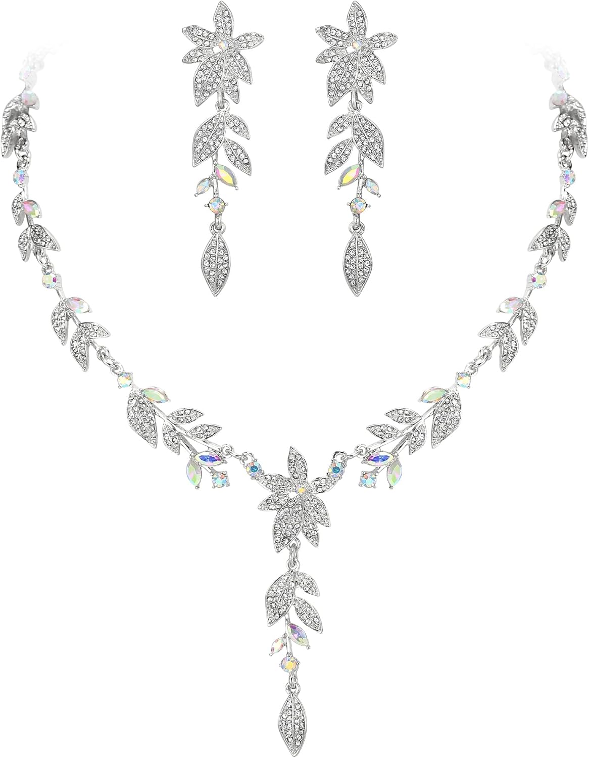 BriLove Wedding Jewelry Set for Women,Shiny Gorgeous Crystal Marquise Leaf Flower Cluster Y-Shape Pendnt Necklace Dangle Long Earrings for Bridal Party Prom Accessories