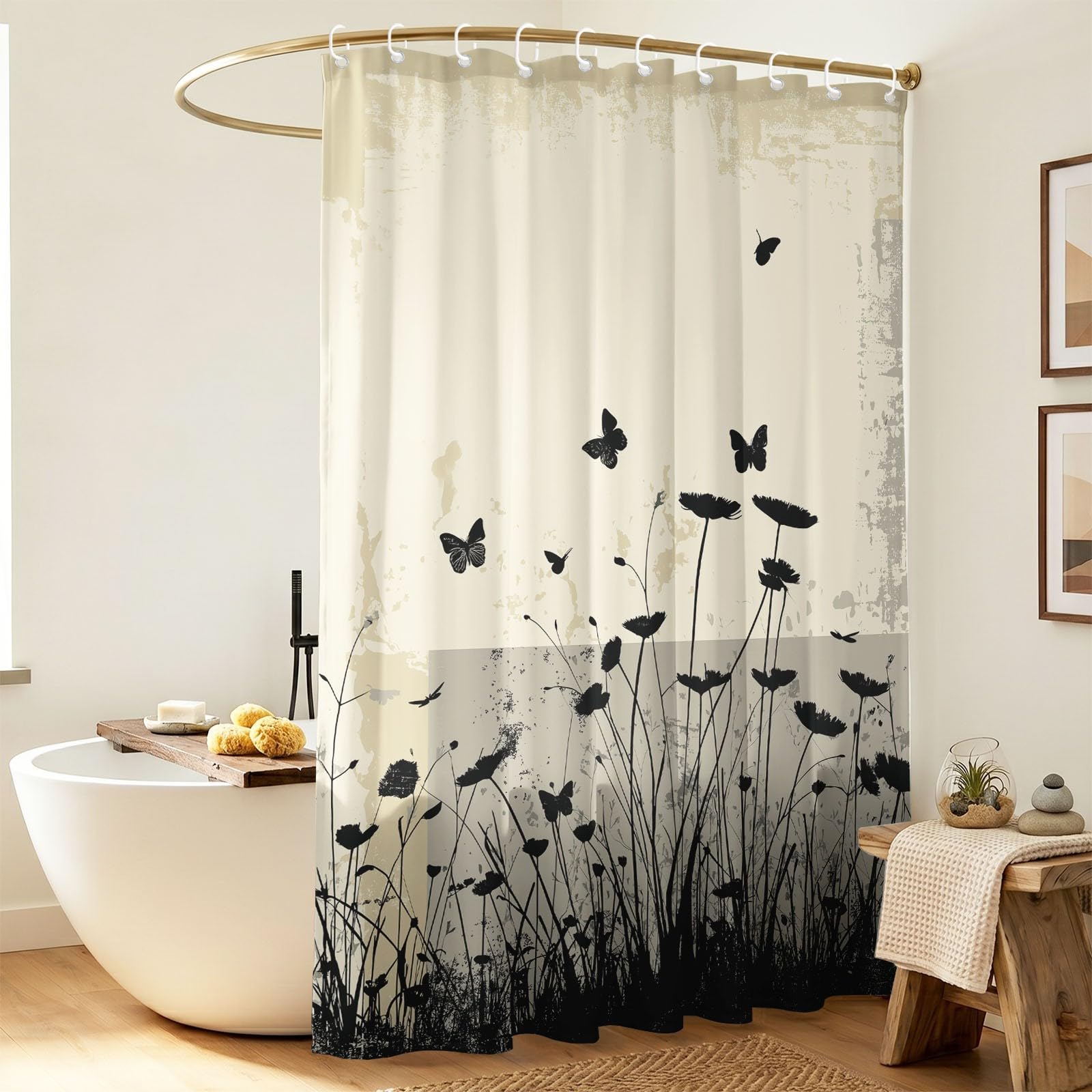 Rideau de Douche Moderne Abstrait en Polyester imperméable et Lavable avec Crochets, 240 x 200 cm, Rideau de Salle de Bain Géométrie Floral Silhouette Composition divisée Nature pour Salle de Bain