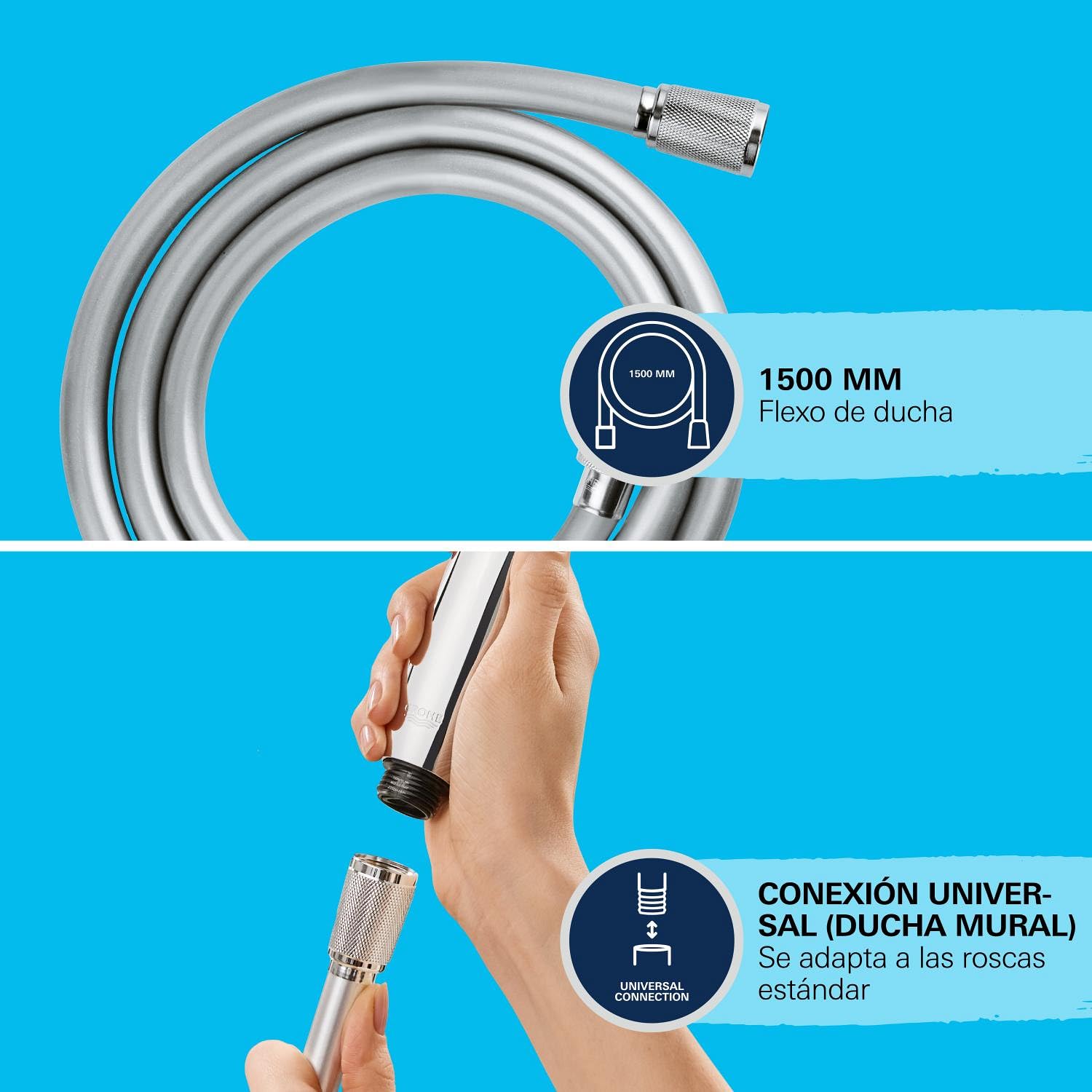 GROE Vitalioflex Trend - Manguera de ducha (1.5m, resistente al calor, sistema anti-torsión, conexión universal, instalación QuickFix), cromo, 28741002
