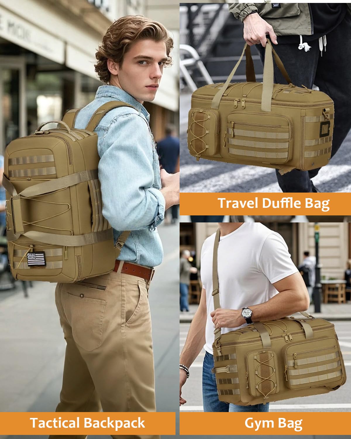50L Turnbeutel für Herren, 3-in-1-Reisetasche mit Schuhfach, taktischer Militär-Rucksack für Übernachtung, Wochenender, Fitnessstudio, Reisen, Workout, Einsatz, Braun, 50L, Taktischer 3-in-1-Rucksack