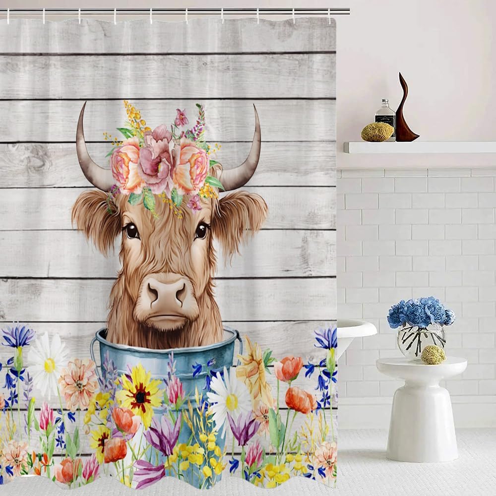 Funny Cow Shower Curtain Bull Cattle Watercolor Animal Rustic Floral Farmhouse Wooden Board Polyester Fabric Bathroom Curtain with Hooks, 70x86 Inch