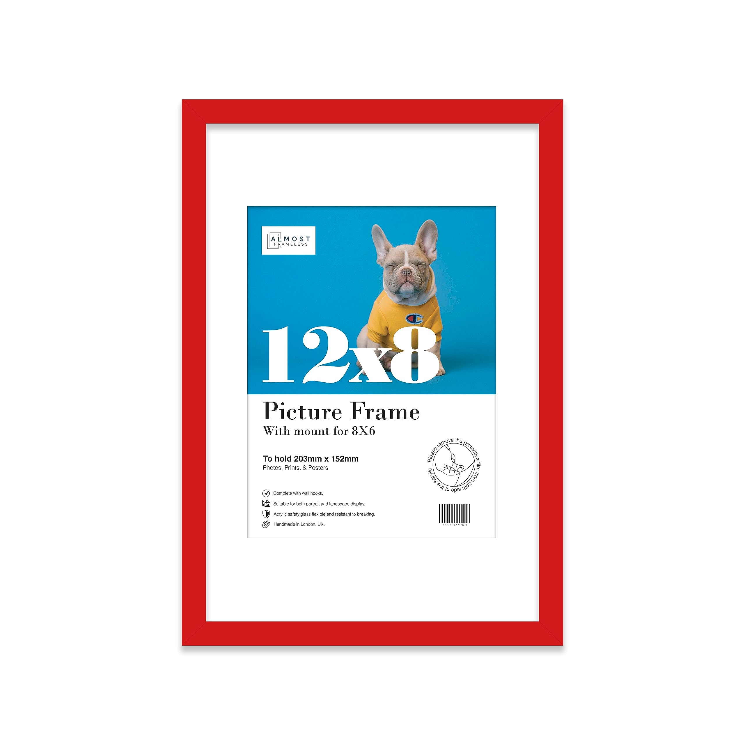 Almost Frameless Red 12X8 Picture Frame With Mount For 8X6 Print, Poster Or Photo Poster, Photo, Artwork, Or Print. Thin Edge Slim Frame Portrait And Landscape Display With Wall Hooks