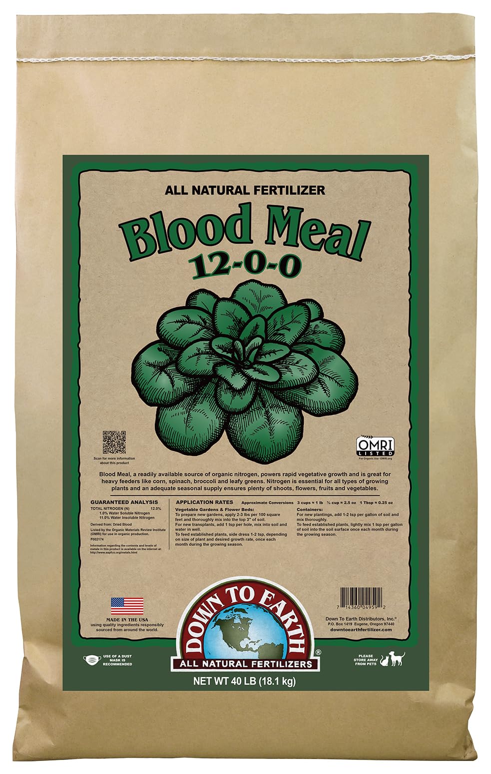 Down to Earth All Natural Fertilizers Organic Blood Meal - High Nitrogen Plant Food for Green Growth 12-0-0, 40 lb