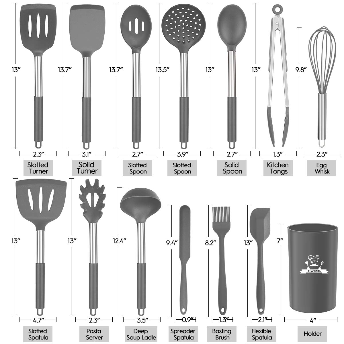 Silicone Cooking Utensil Set, 14pcs Kitchen Utensils Set Non-stick Heat Resistant Cookware Copper Stainless Steel Handle Cooking Tools Turner Tongs Spatula Spoon - BPA Free, Non Toxic