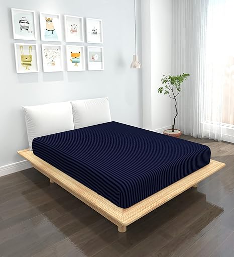 Voggle Solid Color 220 TC Glace Cotton Stripes Bedsheet for Single Bed Without Pillow Cover, 60 x 90 Inches -Stripes Navy