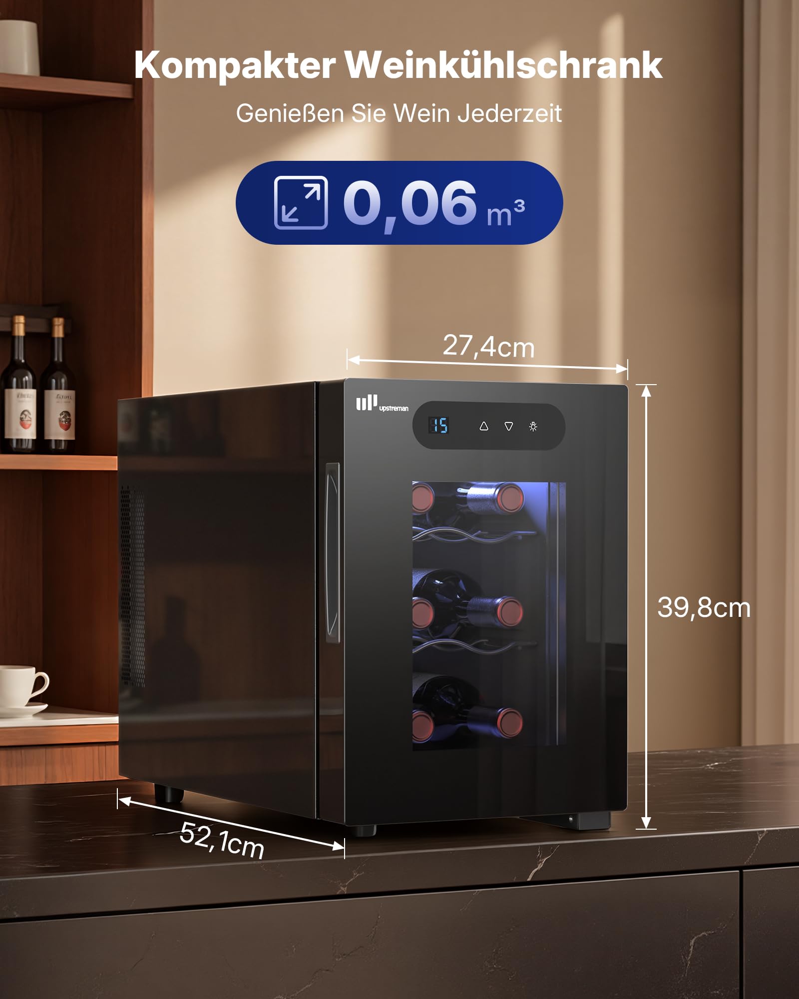 Upstreman Weinkühlschrank Klein 6 Flaschen 5-18℃ einstellbar Glastür Weinkühler Elektrisch Touch-Display LED-Innenbeleuchtung Wine Fridge W6
