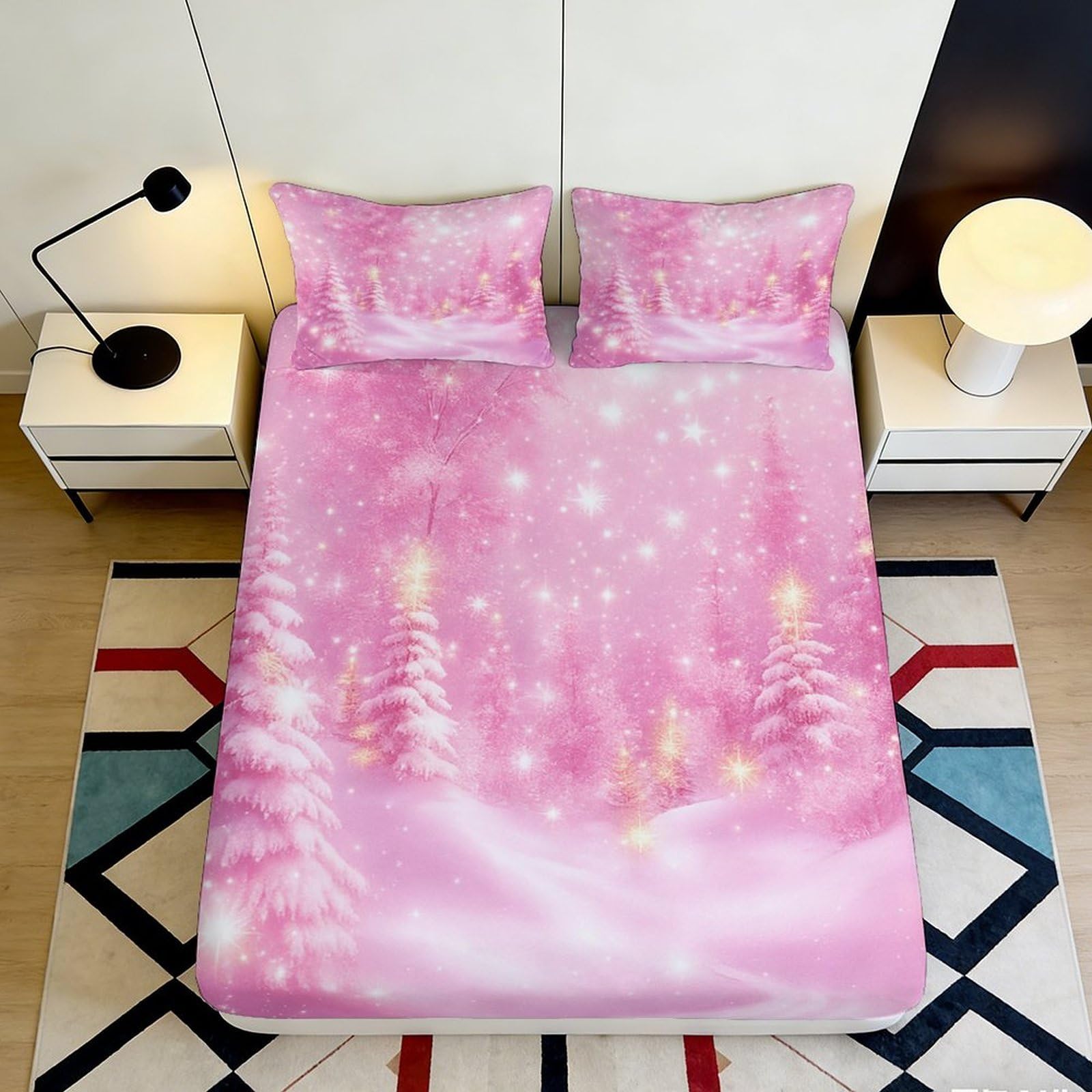 3D Printed Pink Winter Forest Fitted Sheet Microfiber Soft Breathable Starry Night Mattress Cover for Bedroom Dormitory Guest Room Mattress Protection 160x200x25cm