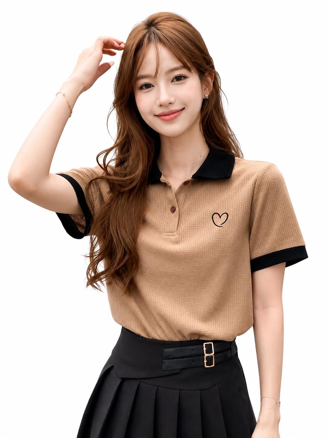 Women's Waffle Knit Polo T-Shirt, Camel with Black Contrast Trim-image-30