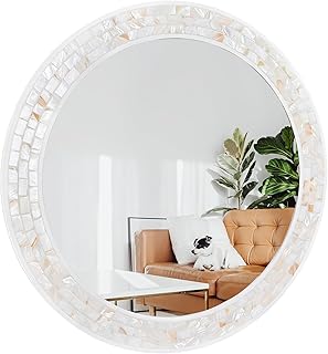 White Round Mirror 36 Inches, Shell Inlay Framed Circle Mirrors for Wall...