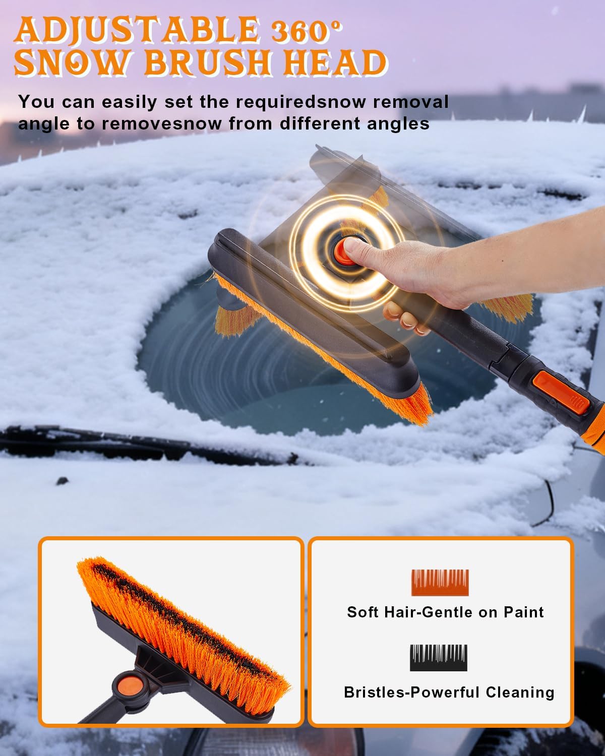 5-in-1 Snow Brush, Ice Scraper and Snow Shovel for Car, with 270° Rotating Snow Broom and Extendable Rod - A Winter Kit for SUV Truck Windshield Patios Driveways Sidewalks Snow Removal-Orange