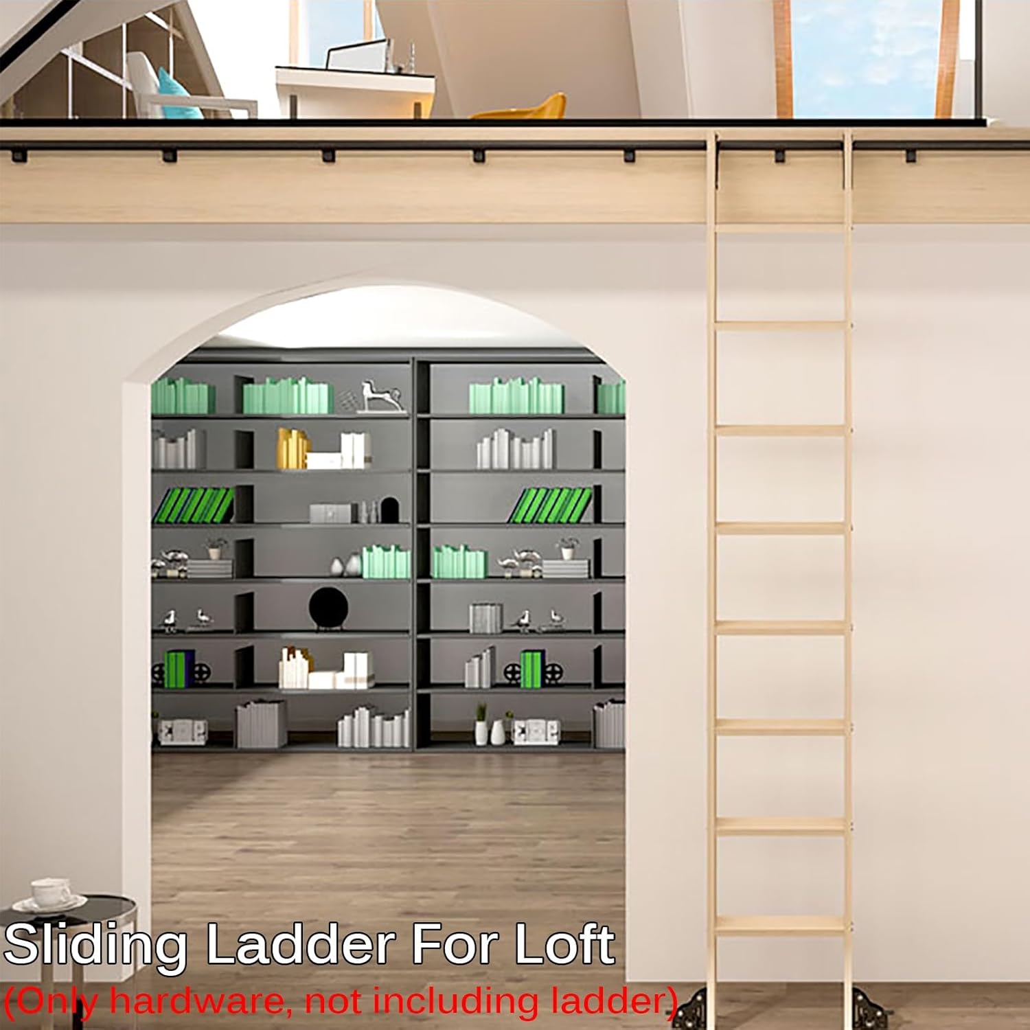 3.3-20FT Sliding Library Ladder Hardware Kit – Telescopic Upper Roller for 25mm Thick Ladder, Floor Wheels with Brakes, Rolling Track Kit (No Ladder Included)