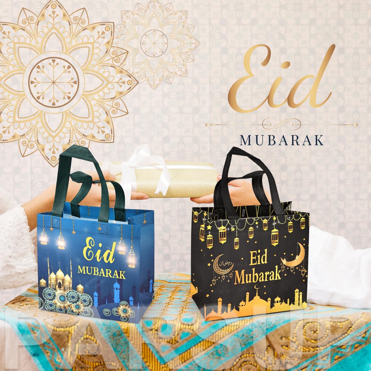 PARSUP 16PCS Eid Mubarak Reusable Gift Bags, Treat Bags with Handles, Ramadan Mubarak Party Bags, Multifunctional Non-Woven Eid Bags for Gifts Wrapping, Ramadan Kareem Party Supplies, 9.2"×8.7"×4.3"