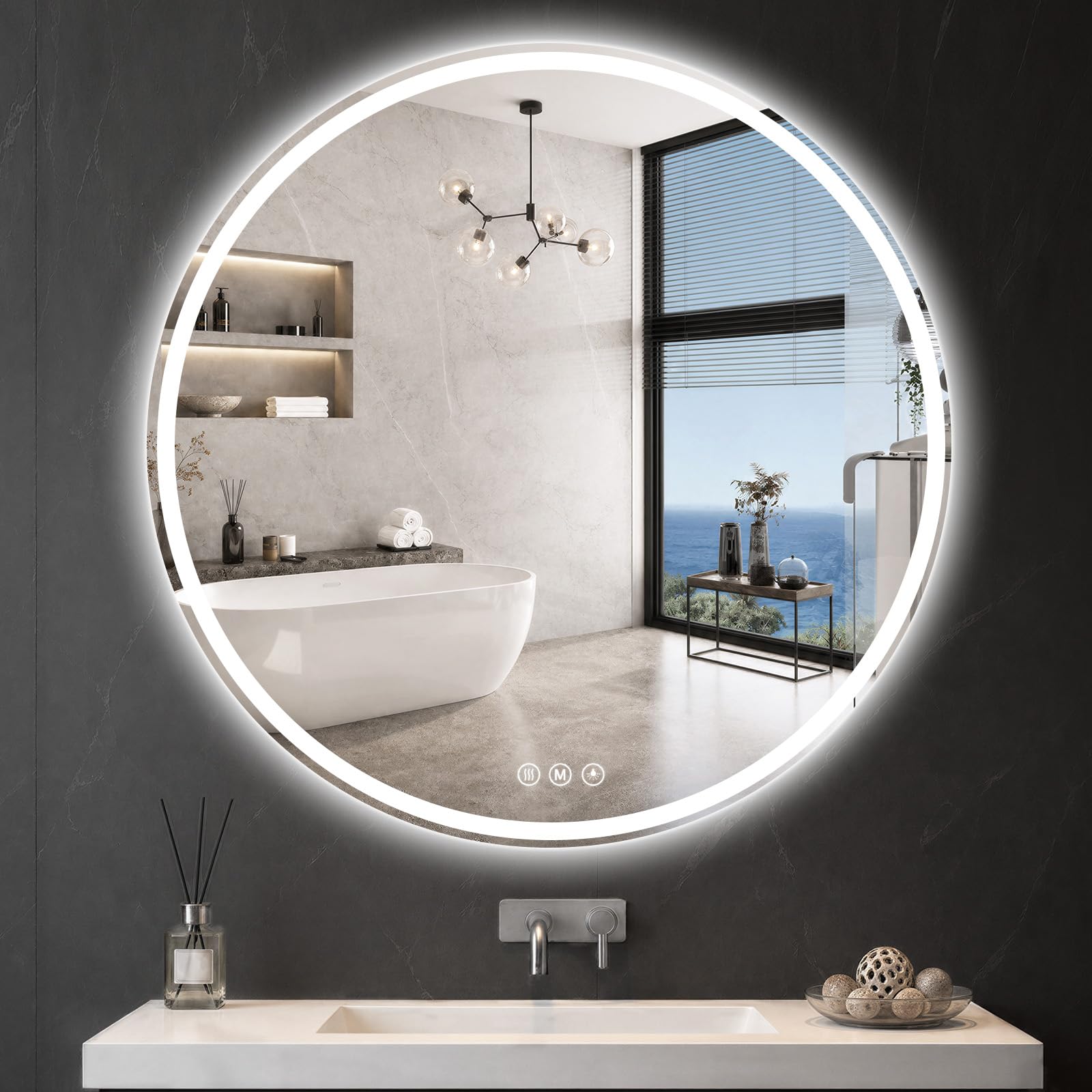 Round LED Bathroom Mirror 42 Inch HD Shatterproof Tempered Glass