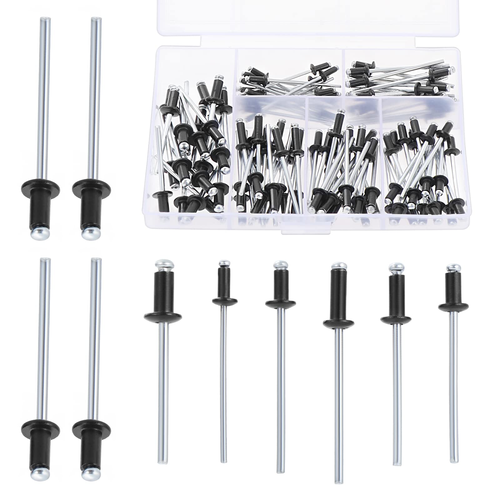 120 Pieces Black Aluminium Rivet 2.4/3/3.2/4 mm Rivet Pop, 6 Sizes Assortment Black Blind Rivets for Metal Wood Plastic with Storage Box