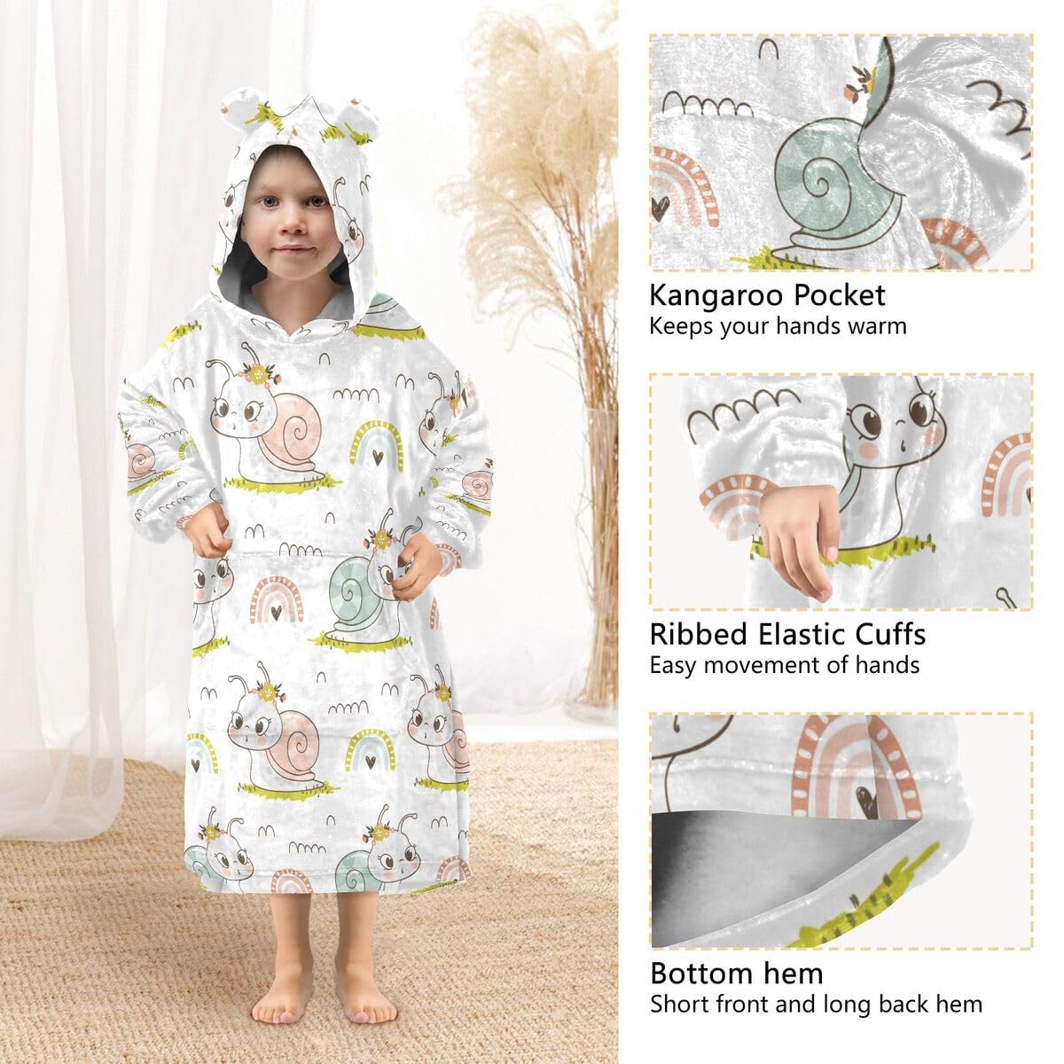 Mały ślimak tęczowy dziecięcy koc do noszenia bluza z kapturem oversize bluza koc pulower ślimaki dla chłopców i dziewcząt w wieku 3-14 lat, multi, 150-170