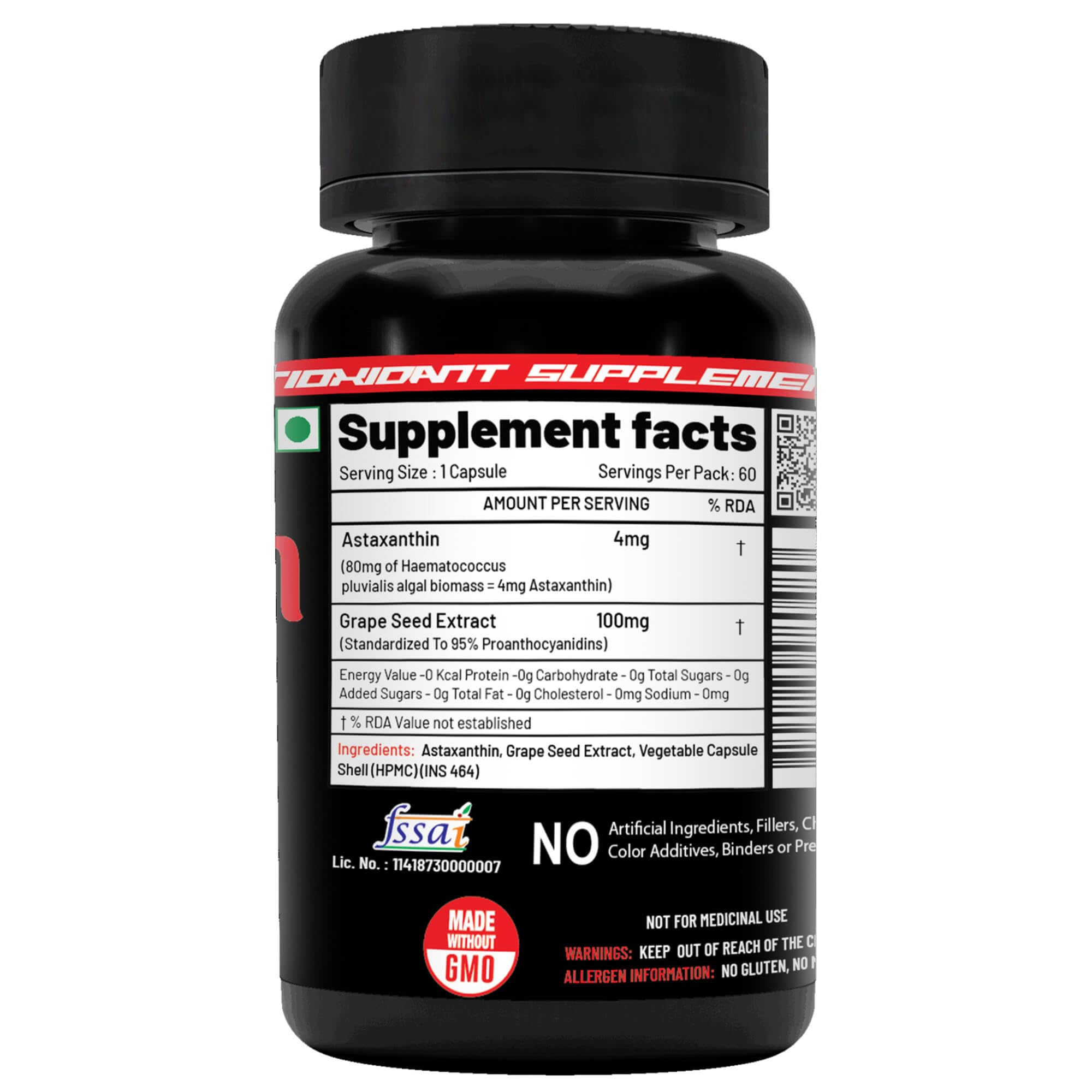NutriJa Naturally Sourced Astaxanthin 4mg with Grape Seed Extract - 60 Veg Capsules | Powerful Antioxidant for Eye Health, Skin Care & Immunity