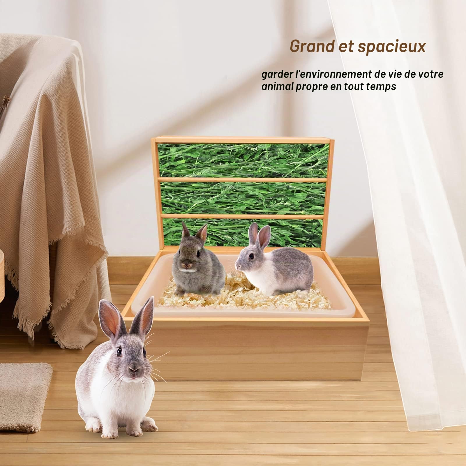Râtelier à Foin en Bois Mangeoire à Foin en Bois pour Cochon d'Inde 2 en 1 Ratelier Lapin avec Bac à Litière en Plastique Amovible Support à Nourriture en Herbe pour Petits Animaux 43 * 13.5 * 31.5cm