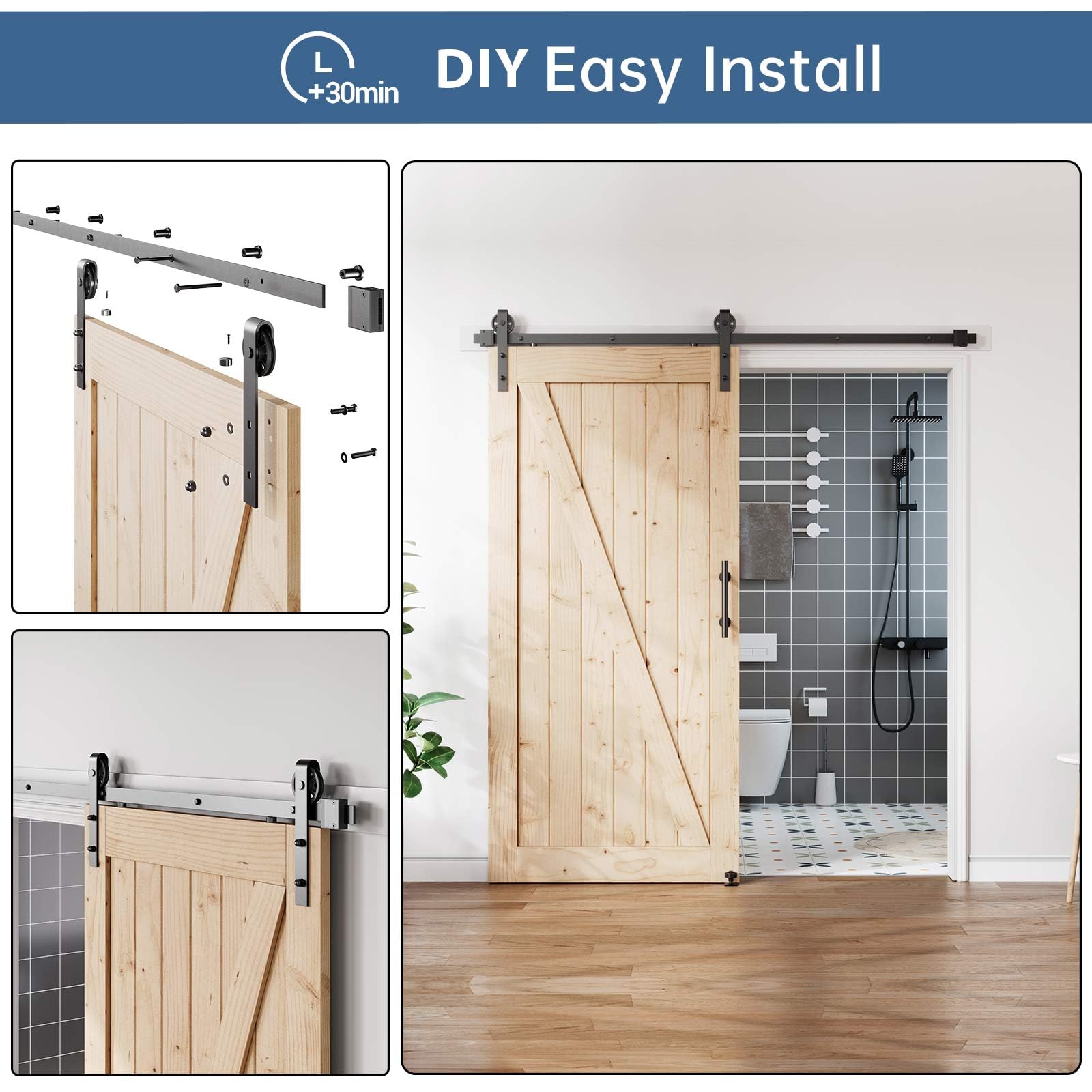 EaseLife 6.7FT Sliding Barn Door Hardware Track Kit & Handle,Big Industrial Spoke Wheel Pulley,Wall Mount,Slide Smoothly Quietly,Easy Install,Black,80" Track Fit for 36-38" Wide Opening (No Door) — Amazon image 6