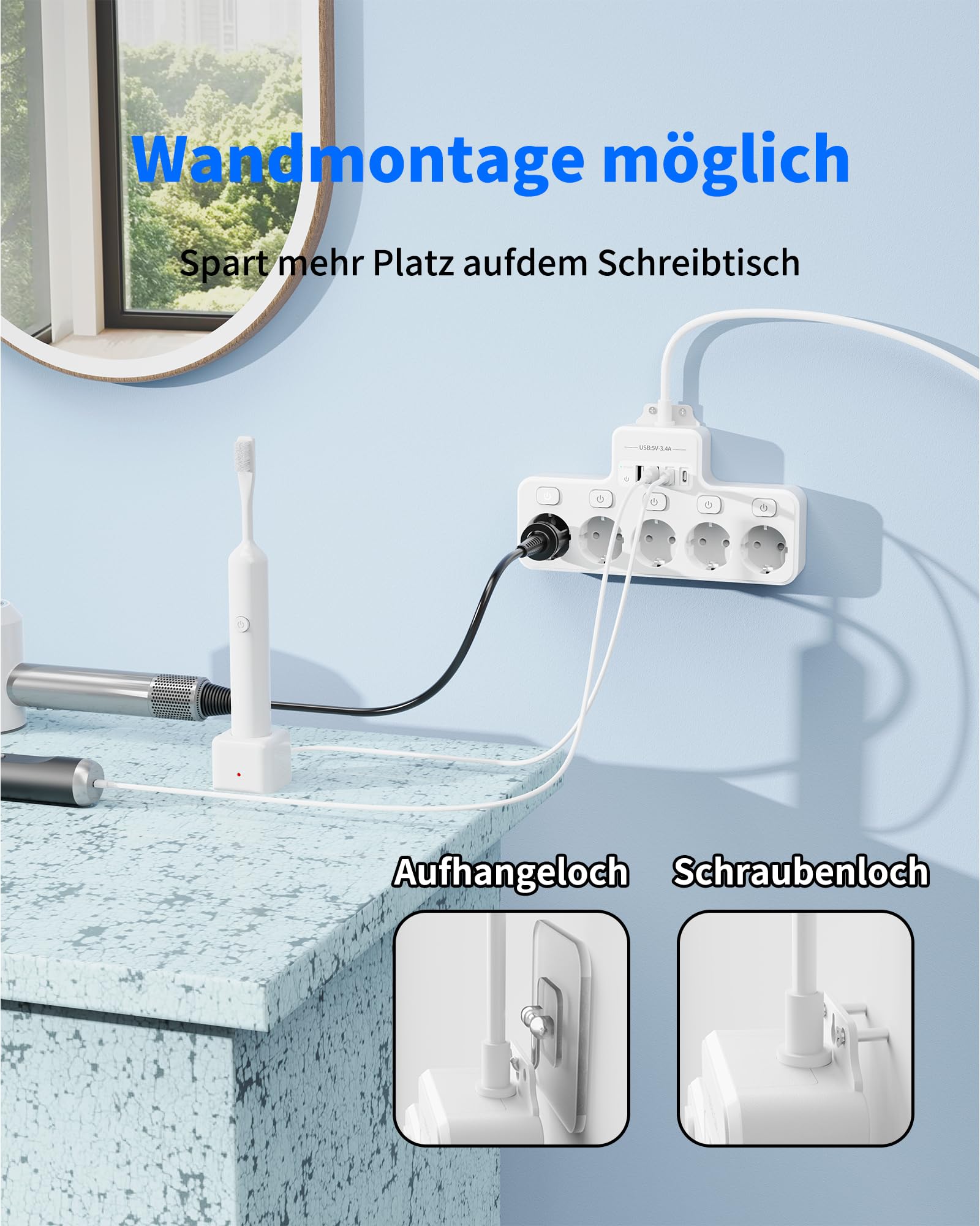 Ciabatta elettrica commutabile singola, presa multipla a 5 prese, con USB, 9 in 1, presa da tavolo con cavo da 2 m, per casa e ufficio (bianco)