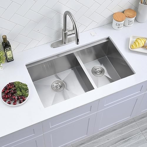 Miniatura 8 de Scamall Estación de trabajo para fregadero de cocina de montaje inferior de 32 x 19 x 10, cuenco doble profundo de acero inoxidable 304 plateado
