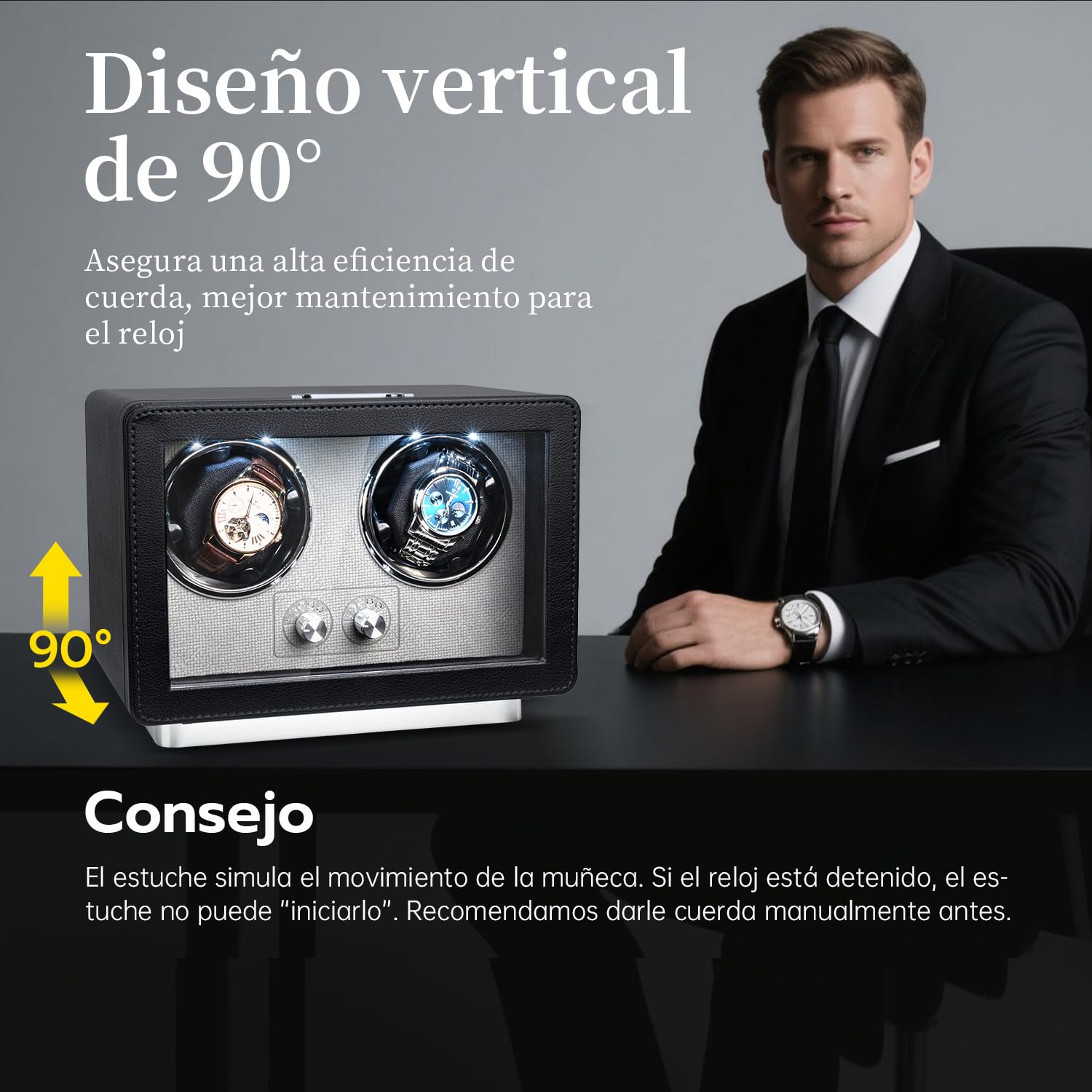 Mcbazel Enrollador de Relojes automáticos, Caja de Doble Reloj con luz LED, Motor súper silencioso, Regalo para Hombre/Mujer, Color Negro