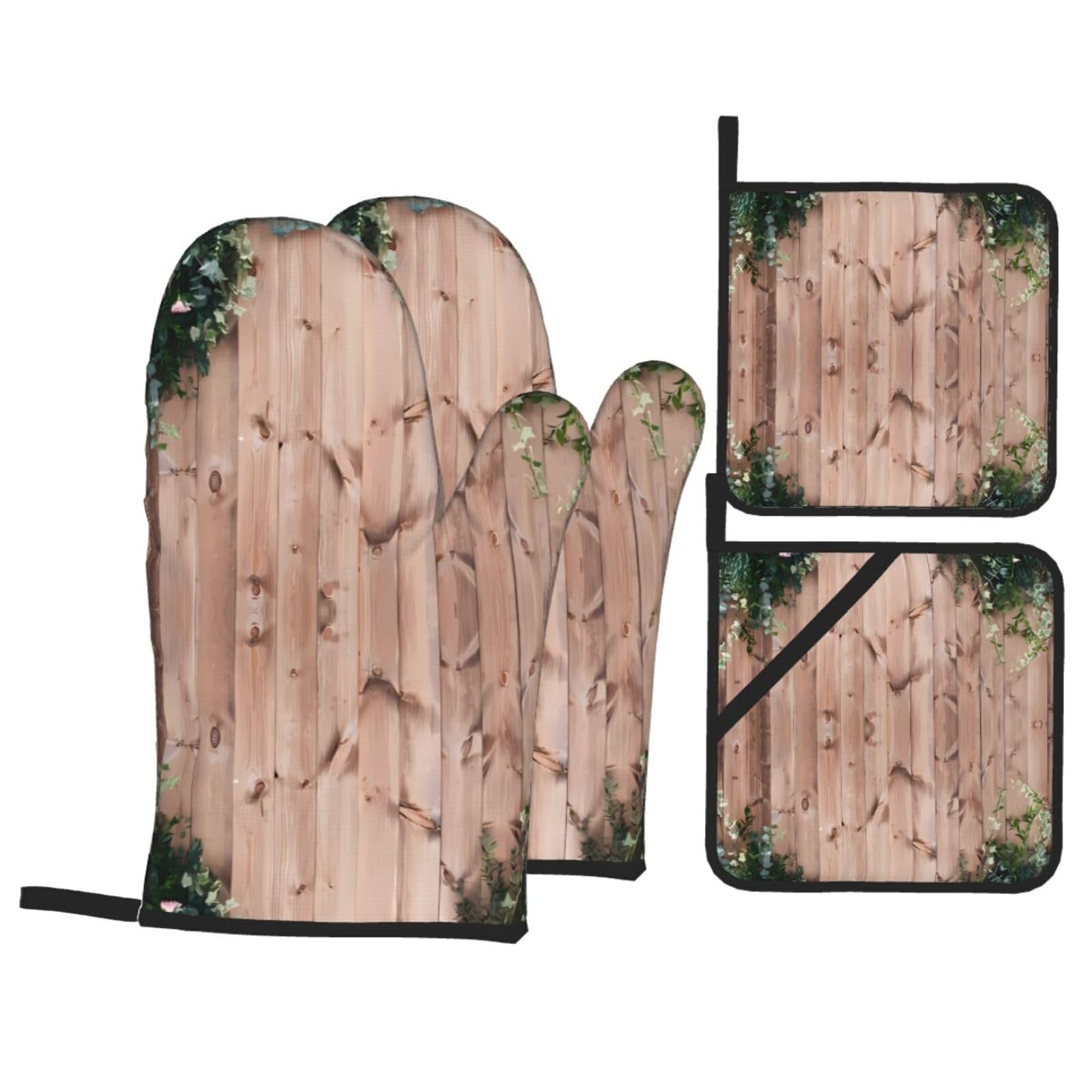 WHJSHOP Leaves Floral on Rustic Wood Prints Kitchen Layers: Waterproof Oven Covers for Safe Handling & Easy Cleanup – 4 Piece Heat Protection Bundle