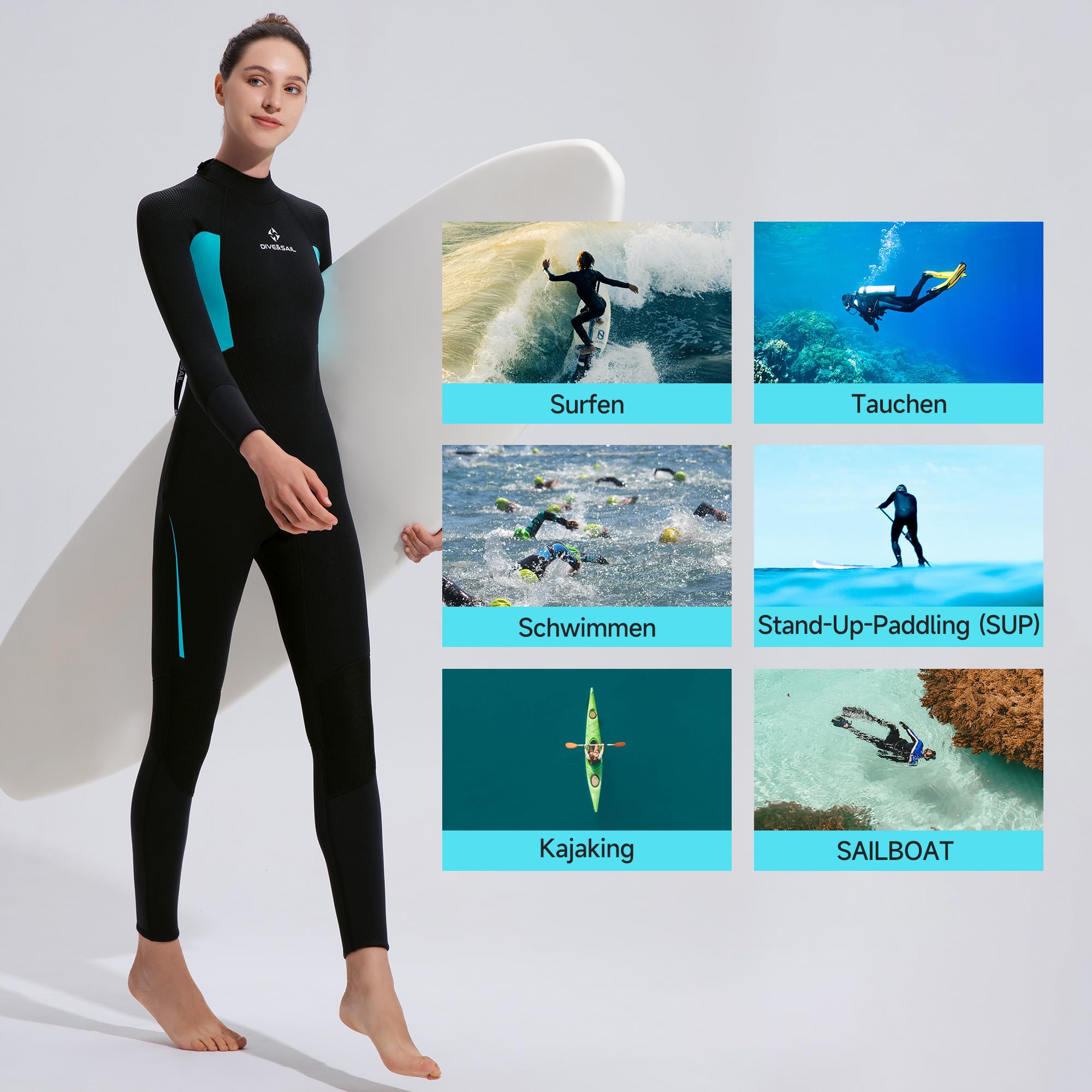 Neoprenanzug Ganzkörper 3/2mm mit Rückenreißverschluss, Ultra-Stretch Neopren Nassanzug Langarm mit UV-Schutz und Wärmeisolierung für Herren und Damen