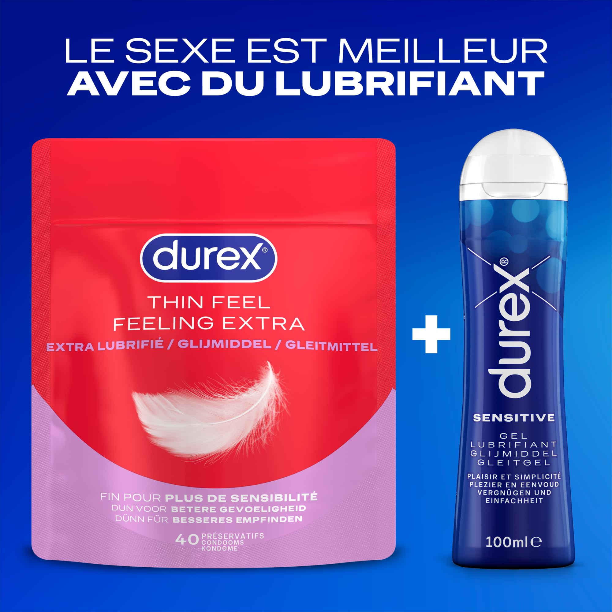 Durex Préservatifs Feeling Extra - 40 Préservatifs Fins et Extra Lubrifiés - Taille Standard