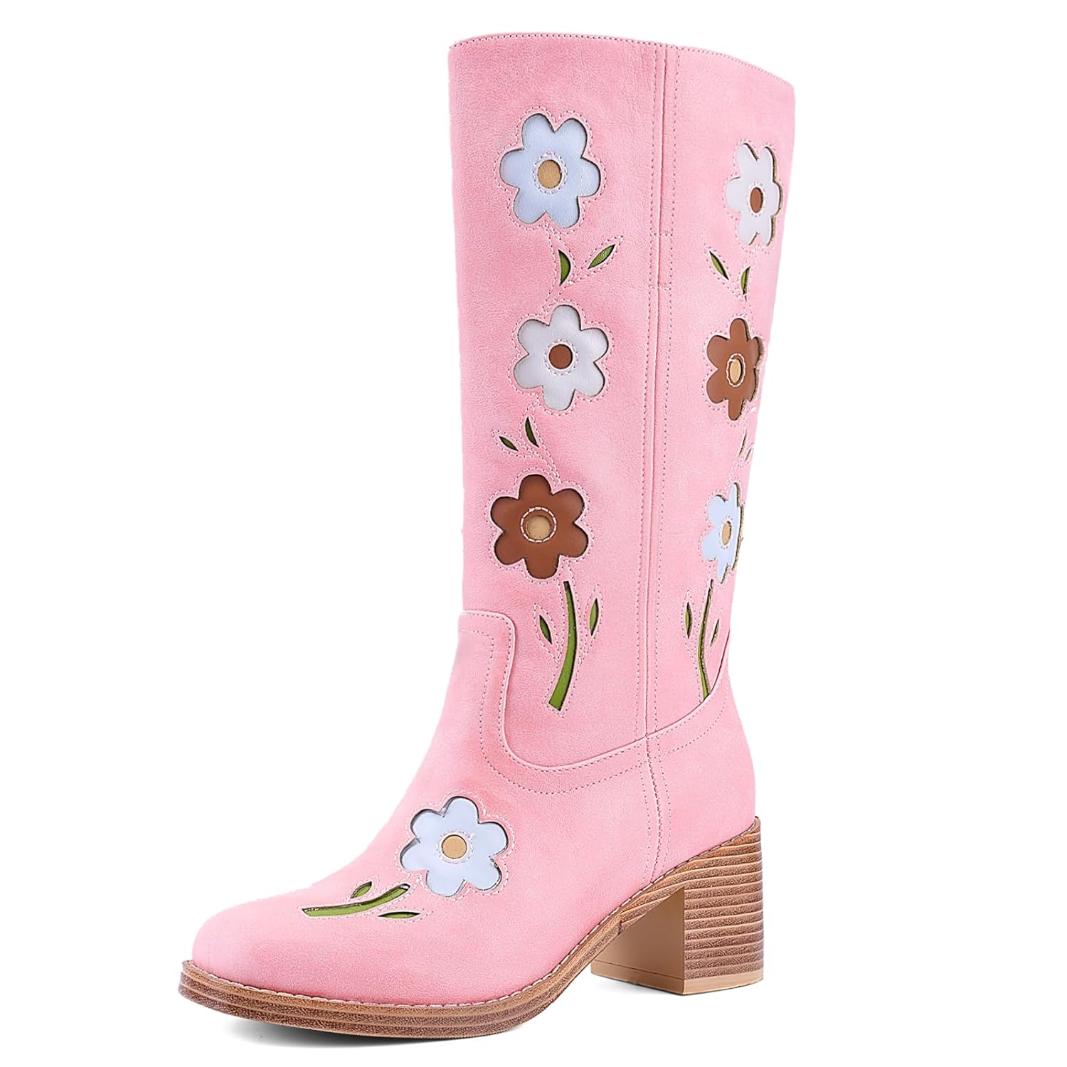 Womens Knee High Boots Floral Embroidered Cowboy Boots with Chunky Block Heel Square Toe Pull-On Design for Comfort