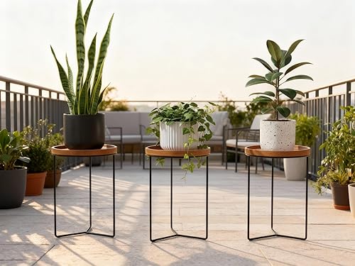 Miniatura 7 de Soportes Metálicos para Plantas de Interior con Superficies de Madera, Sostiene Macetas de hasta 12" de Diámetro, Capacidad de 120 lb Cada Uno -