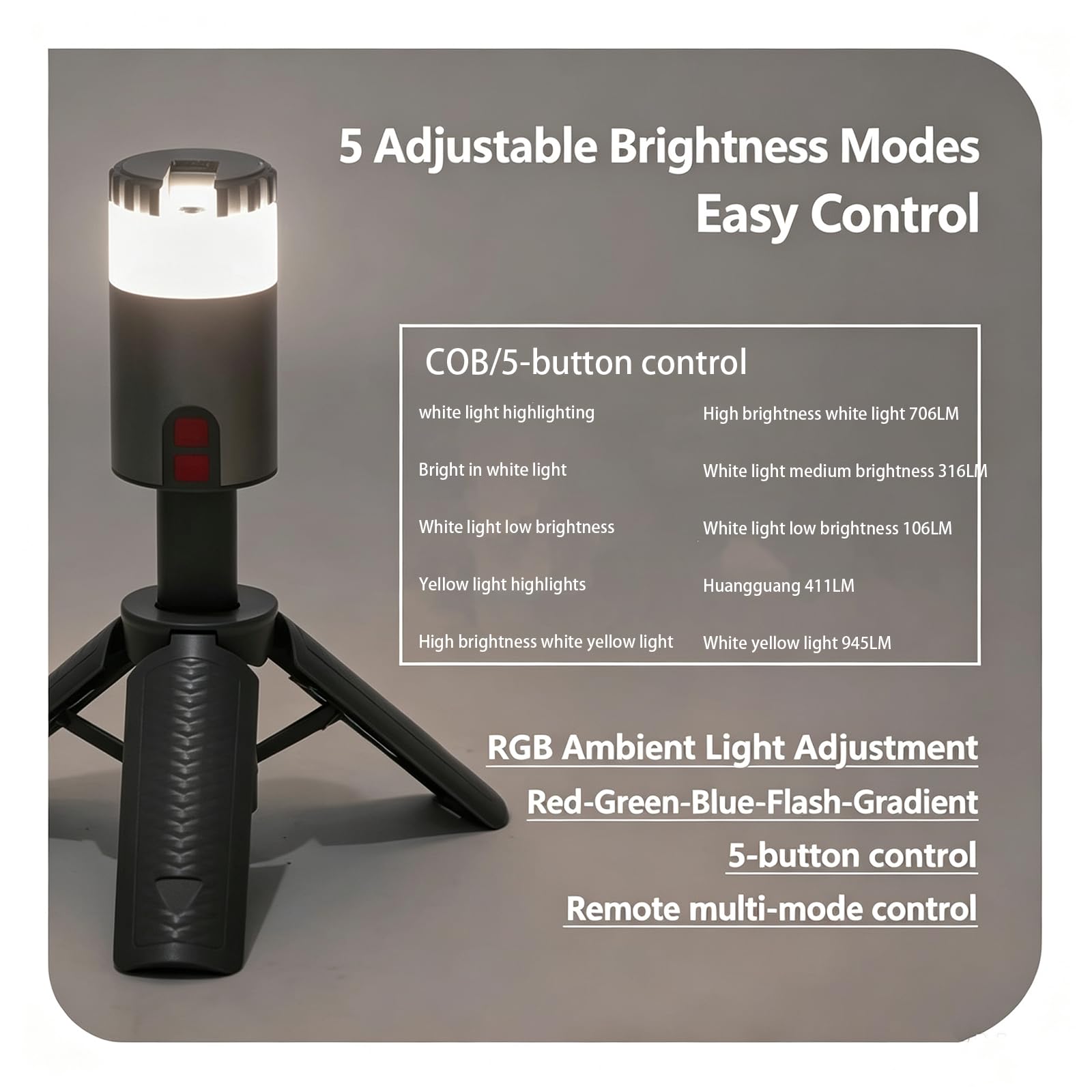 Lampe de camping à trépied télescopique avec télécommande, 5 luminosités