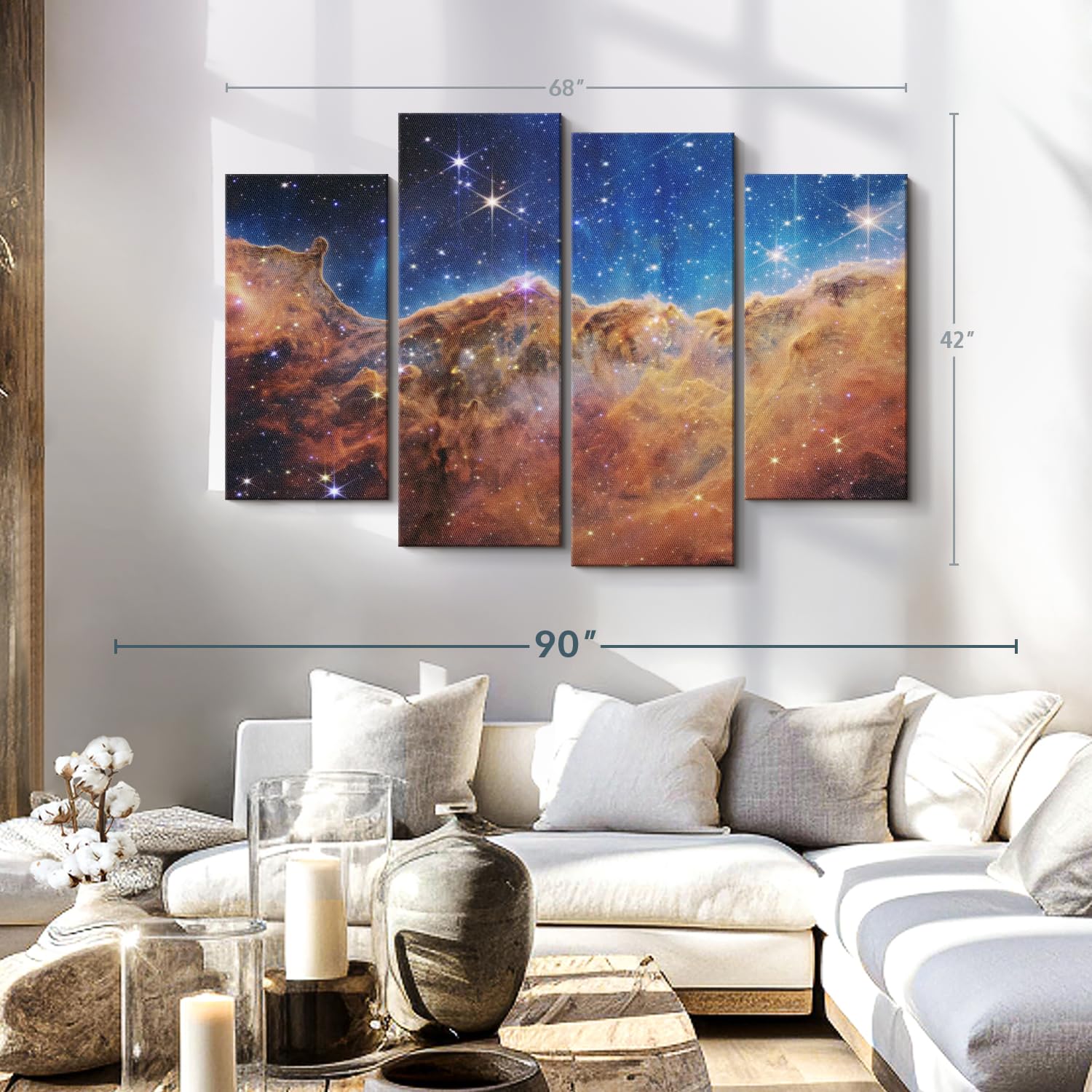 Elephant Stock James Webb's Carina Nebula Wall Art - Horizontal Canvas - 4-Piece Living Room Wall Decor - Photographic Canvas Print - Brown and Blue Decor for Wall by NASA - 68