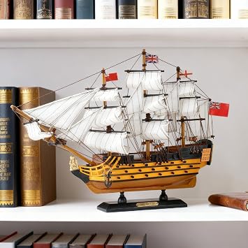 NAUTIMALL HMS Victory Model Ship, 15 inch Handcrafted Wooden Replica with Canvas Sails, Naval Warship Display Model (V40)