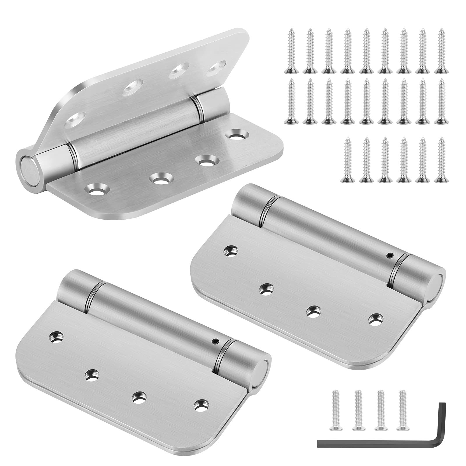 Hommyzone Adjustable Spring Door Hinge 4”X 4”, Stainless Steel Self-closing Hinges 4 Inch with 5/8” Radius Corner-Pack of 3 (Silver)