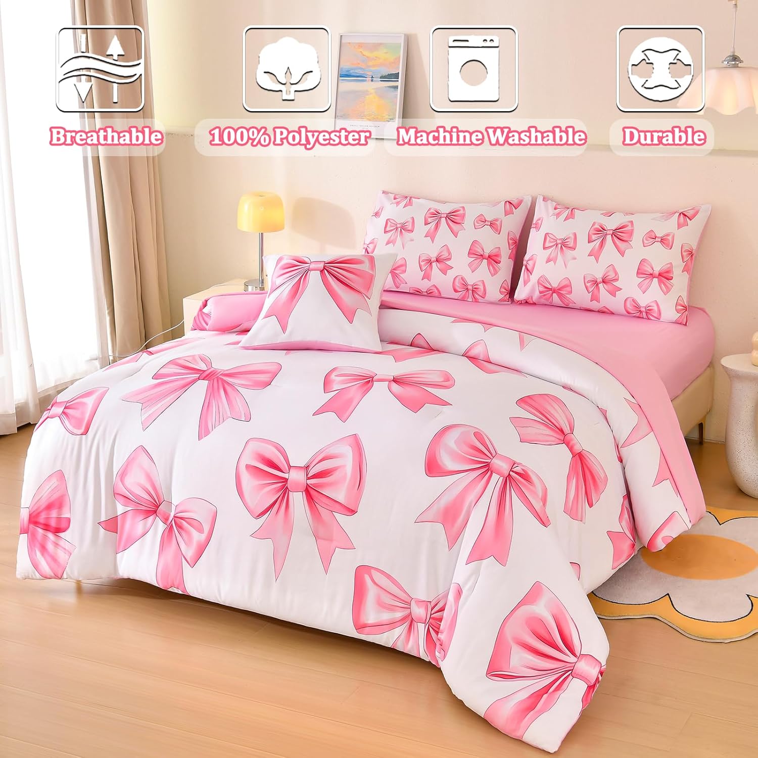 6 Pcs Bed in A Bag Full Comforter Set for Girls,Pink Bow Bedding,Bow Comforter Sets with Sheets for Kids - Image 3