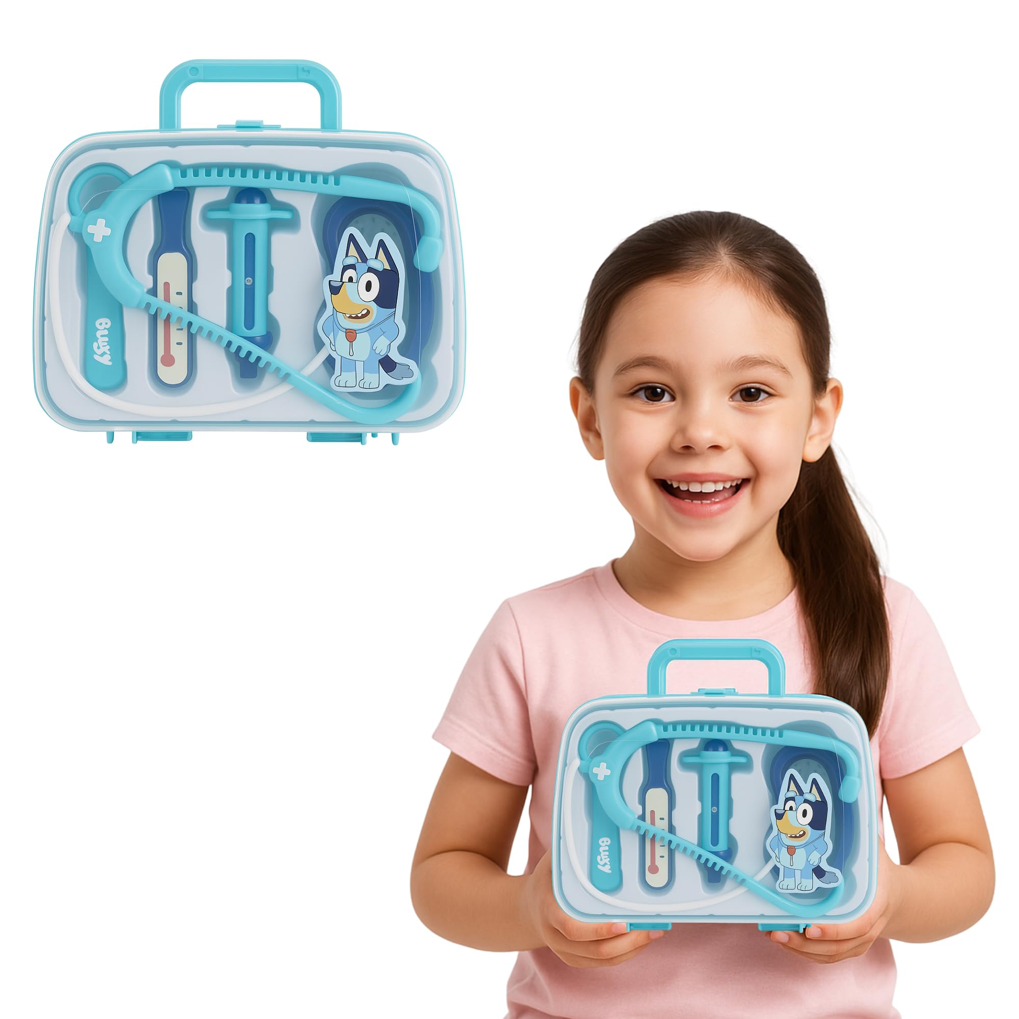 5 Pcs Bluey's Medical Case for Kids  Doctor Toy Set with Stethoscope, Thermometer, Syringe & More | Pretend Role Play Kit | Portable Light Blue Carry Case | Ages 3+