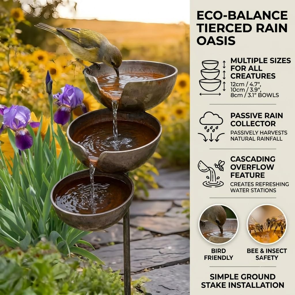 Bronze Rain Catcher Garden Stake, 68x12x5cm 3-Tier Metal Rain Catcher for Garden & Bee Watering Station, Decorative Wildlife Water Bowl, Small Bird Baths & Garden Ornaments for Outdoor，2PCS