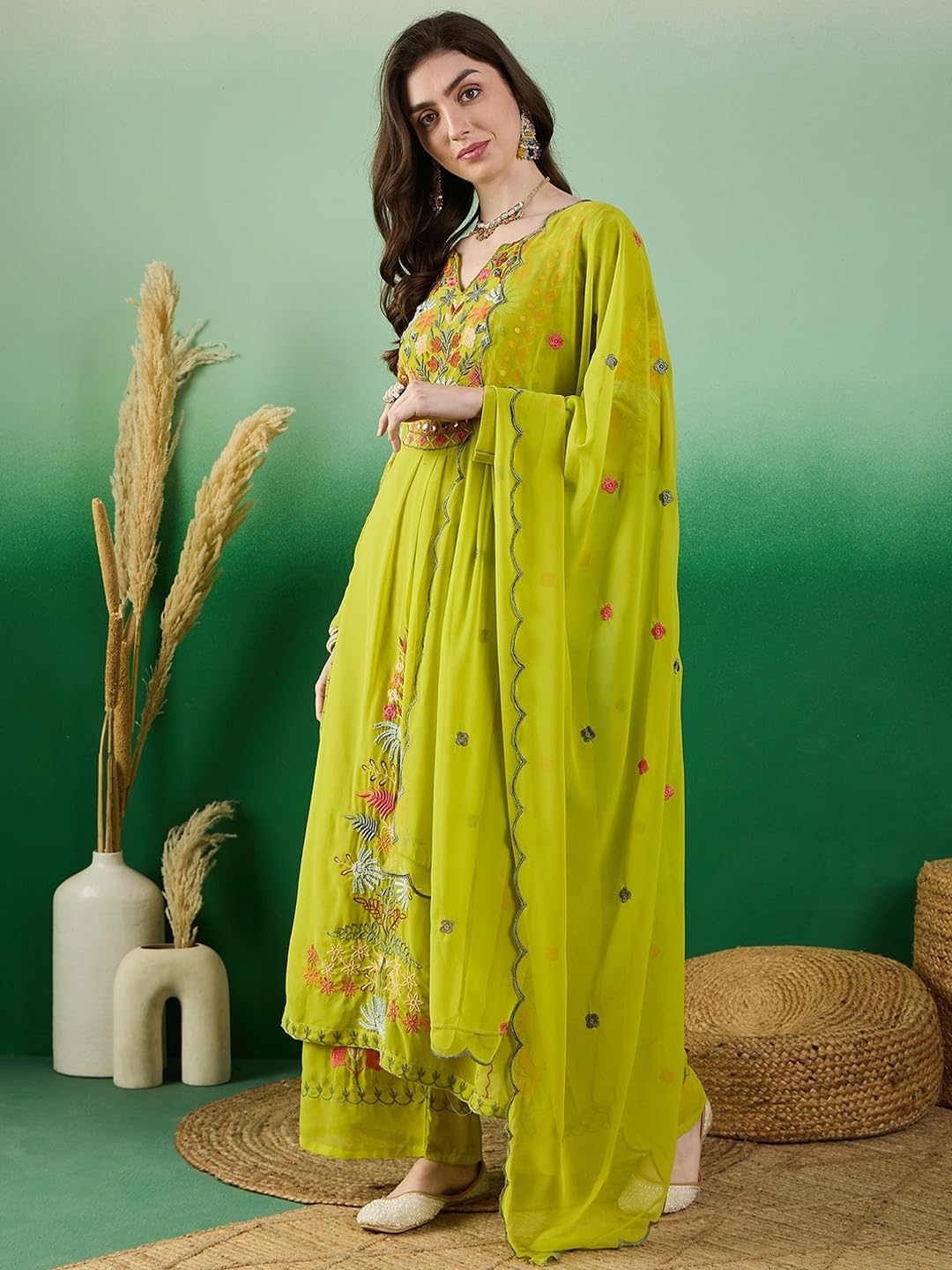 Fashion Basket Georgette Straight Floral Plazzo Kurta Set Green