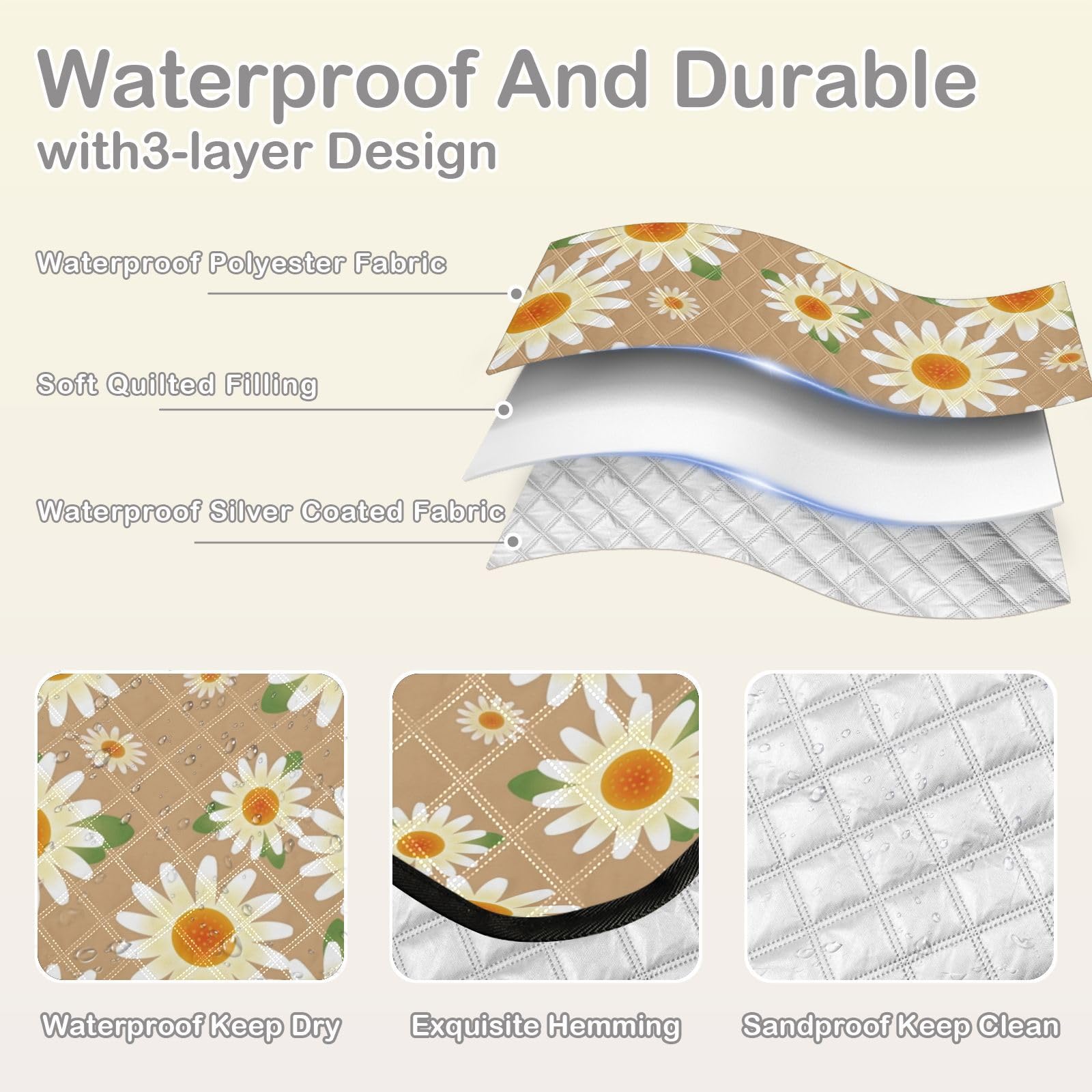 Picknickdecke 200x200cm, Blumen-Gänseblümchen-Blume groß wasserdicht Campingdecke faltbar Strandmatte Picknick-Matte für Park, Garten, Strand Outdoor