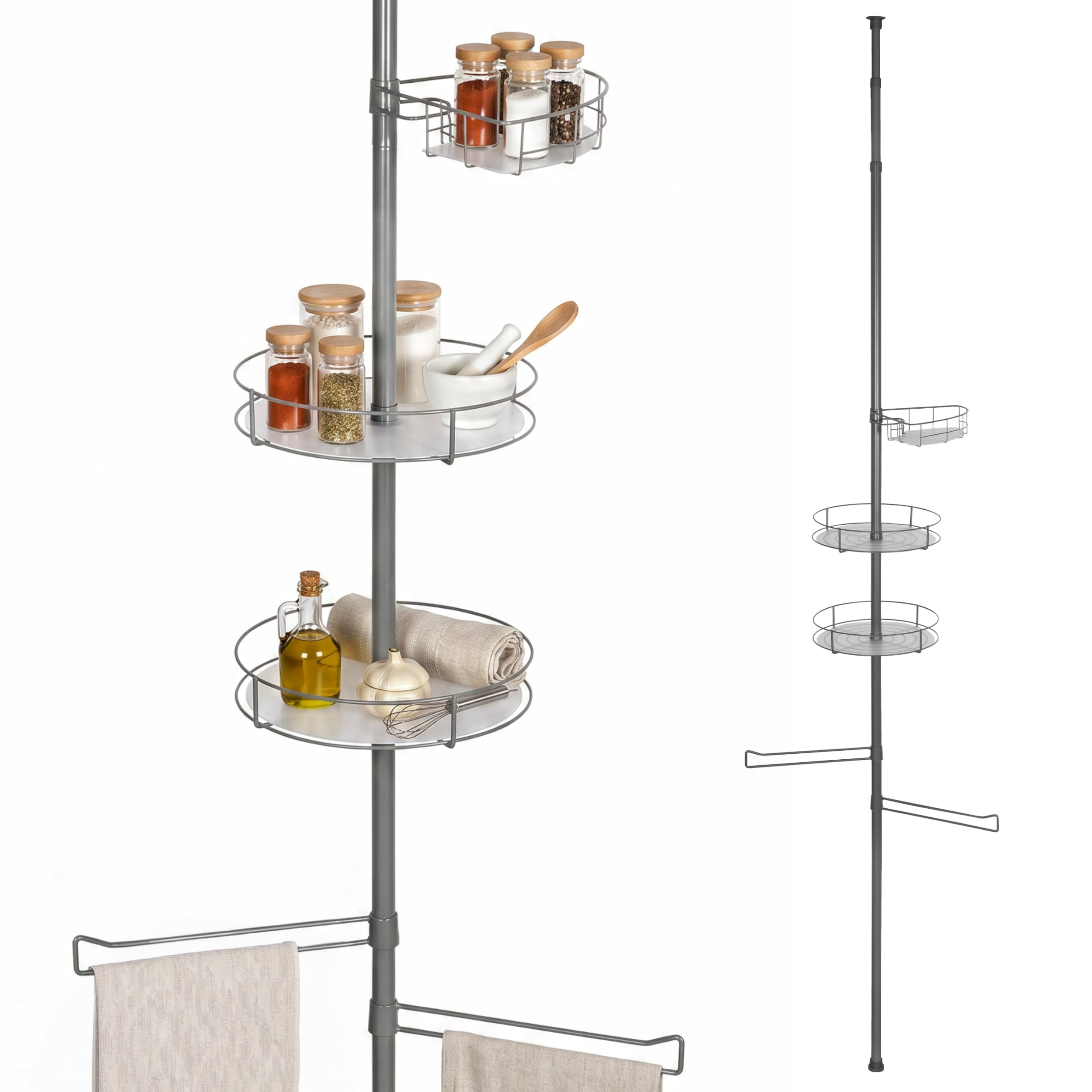 bremermann Telescopic Kitchen Rack with 3 Baskets and 2 Tea Towel Holders, Ideal for Spices, Oils, Kitchen Utensils etc. Height Adjustable up to 290 cm, Metal (Grey)