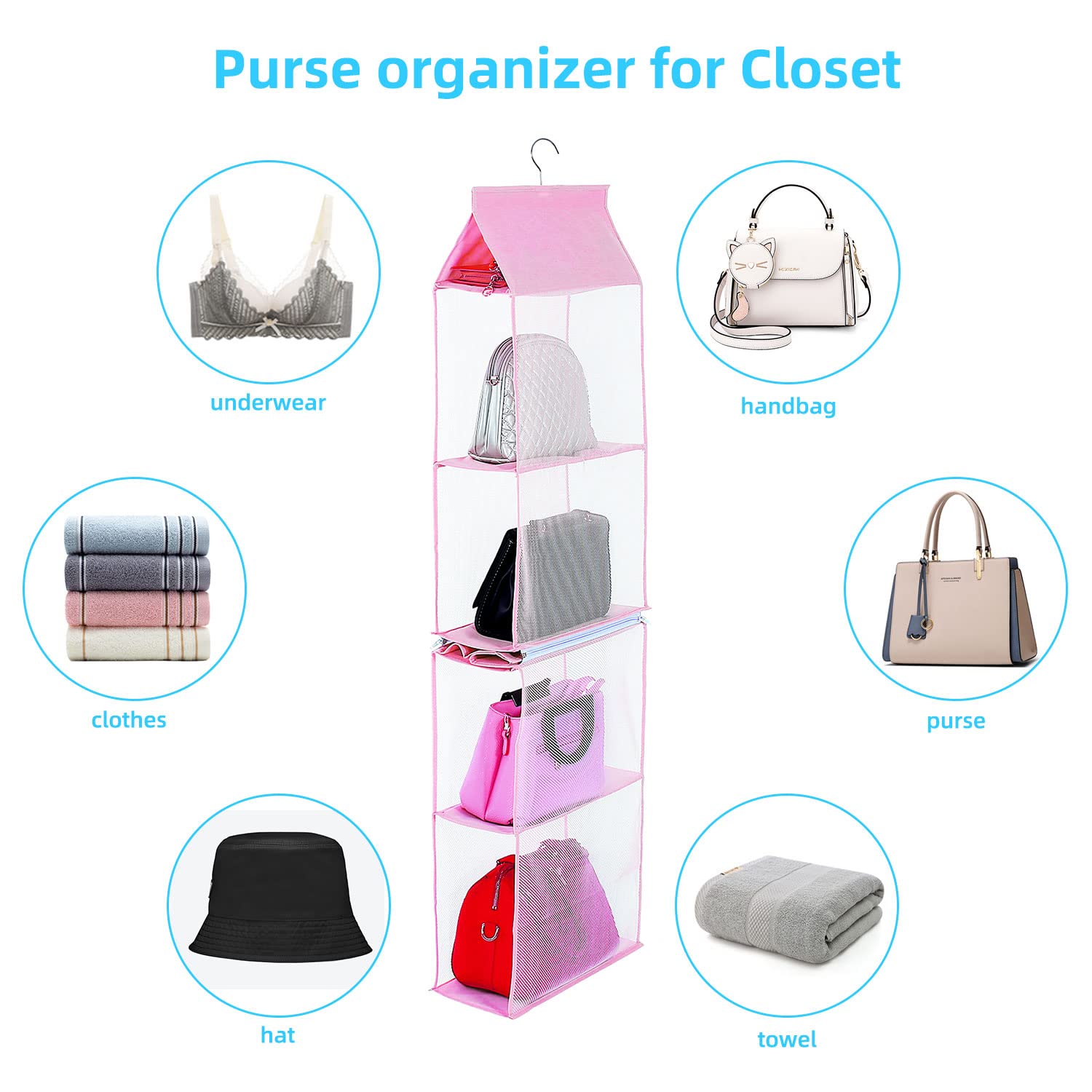 KEEPJOY Organizador de bolso para armario, organizador de bolso colgante con 4 estantes de malla resistente (rosa)