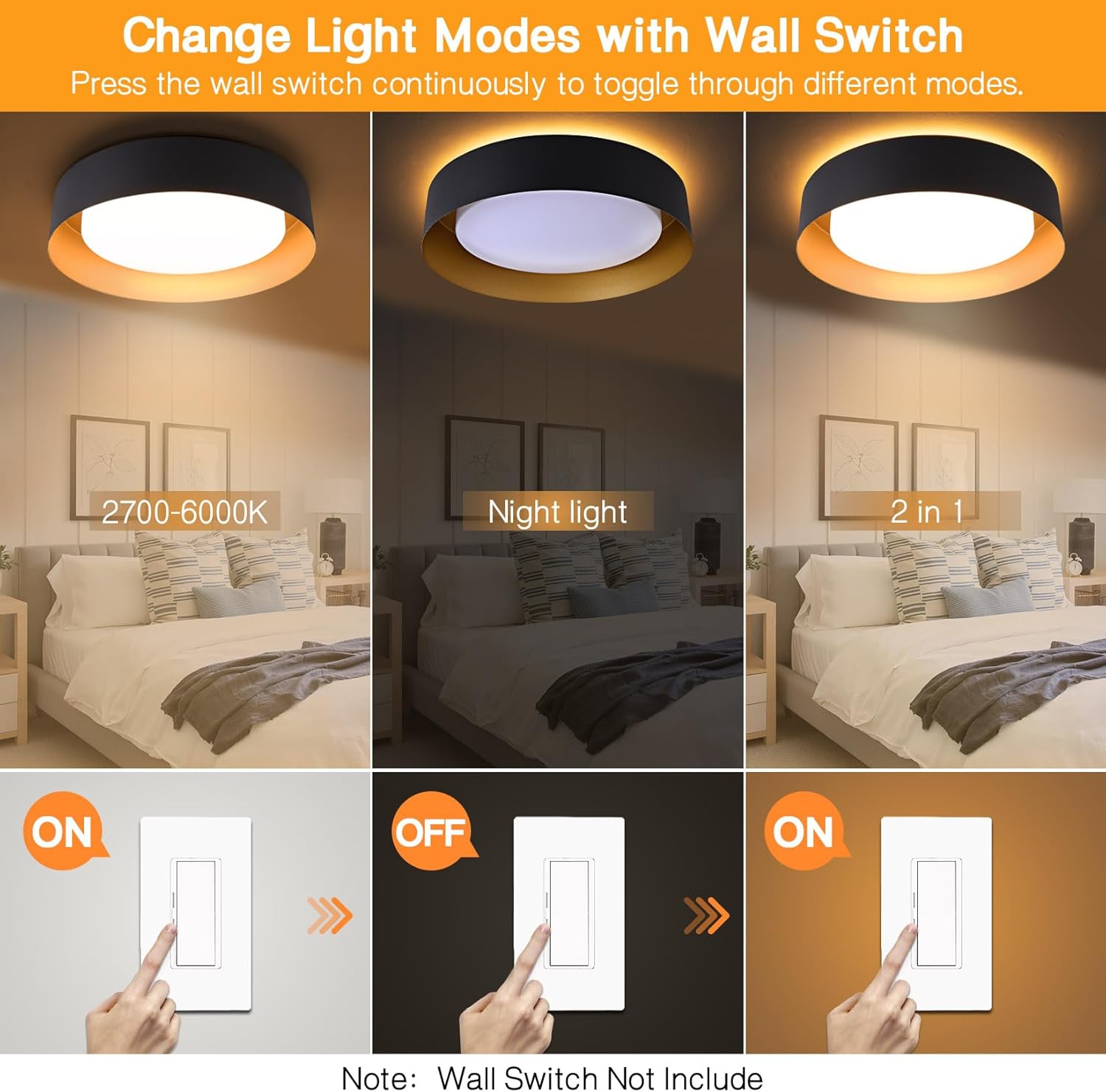 Bargeni Flush Mount Ceiling Light,12.5 inch LED Ceiling Light with Night Light,Matte Black with Gold Inside,24W/2700K/3000K/4000K/5000K/6000K/5CCT Selectable,Light Fixtures Ceiling Mount for Bedroom