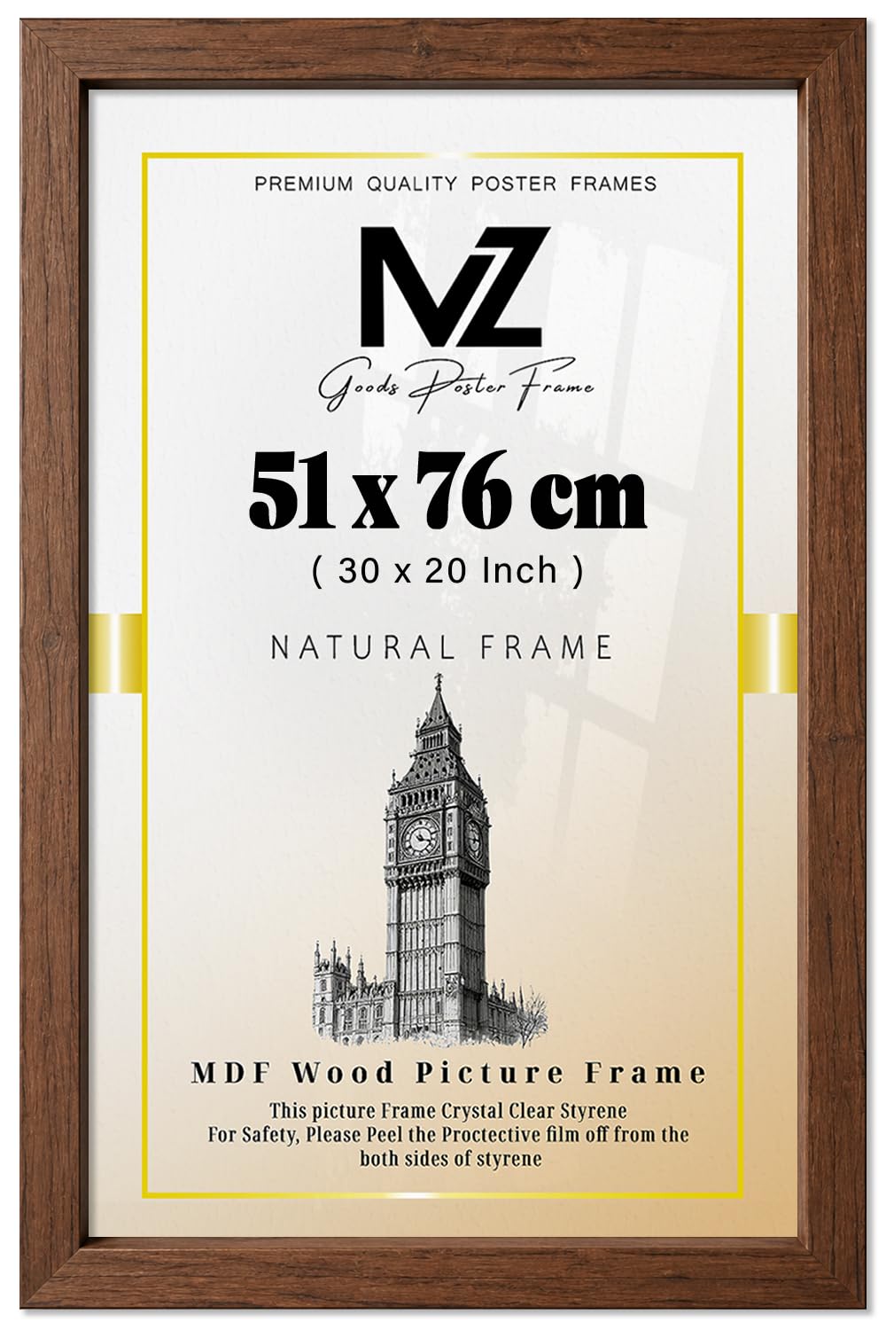 MZ GOODS | Classic Picture 30 x 20 Dark Oak Poster Frame, Wood Finish, Portrait, (51 x 76 CM) - 1' 8" x 2' 6" Frame [ Dark Oak ]