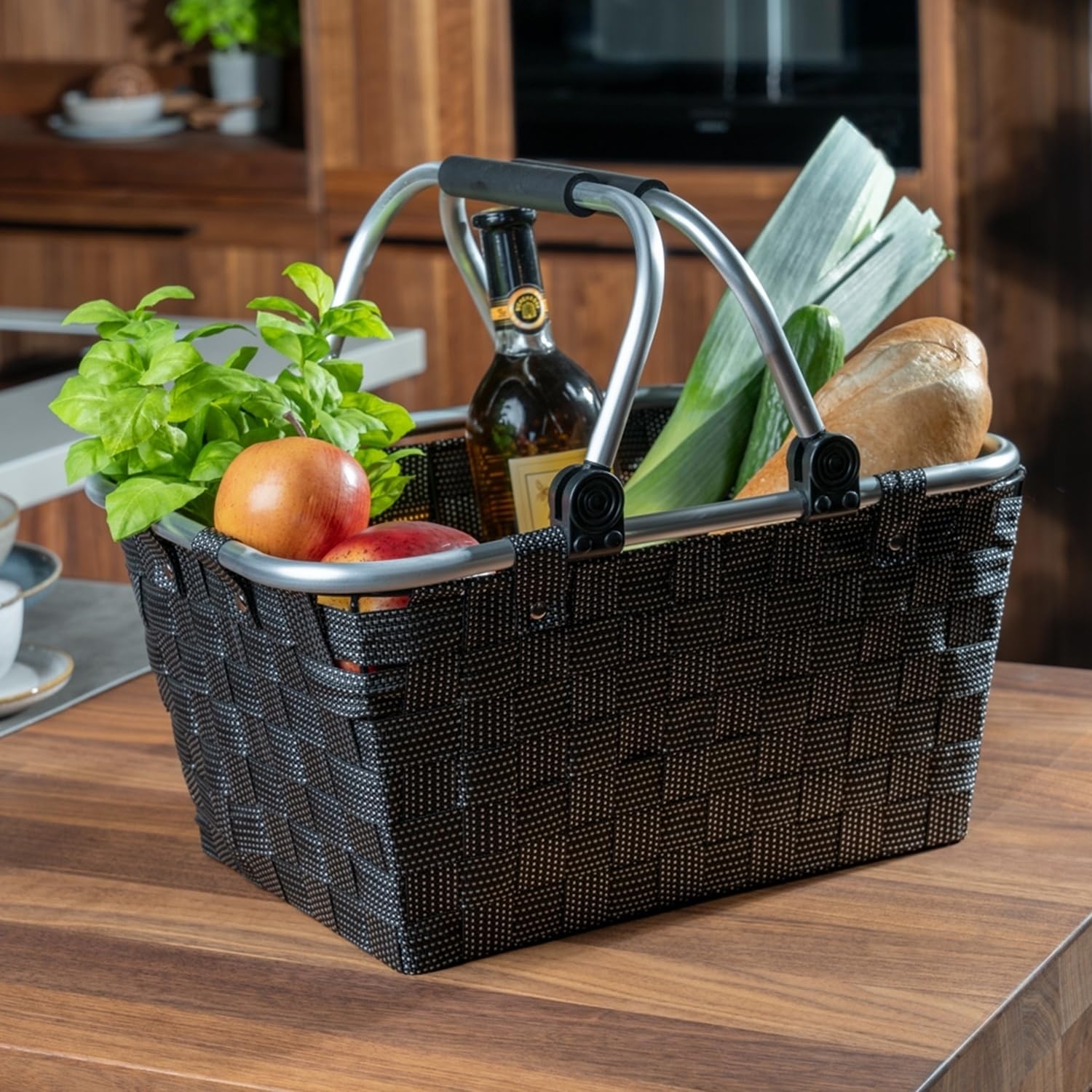 Einkaufskörbe 4er Set mit Griffen - 40 x 19,5 x 30 cm - Schwarz - Kunststoff - Einkaufstasche Tragekorb Flechtkorb