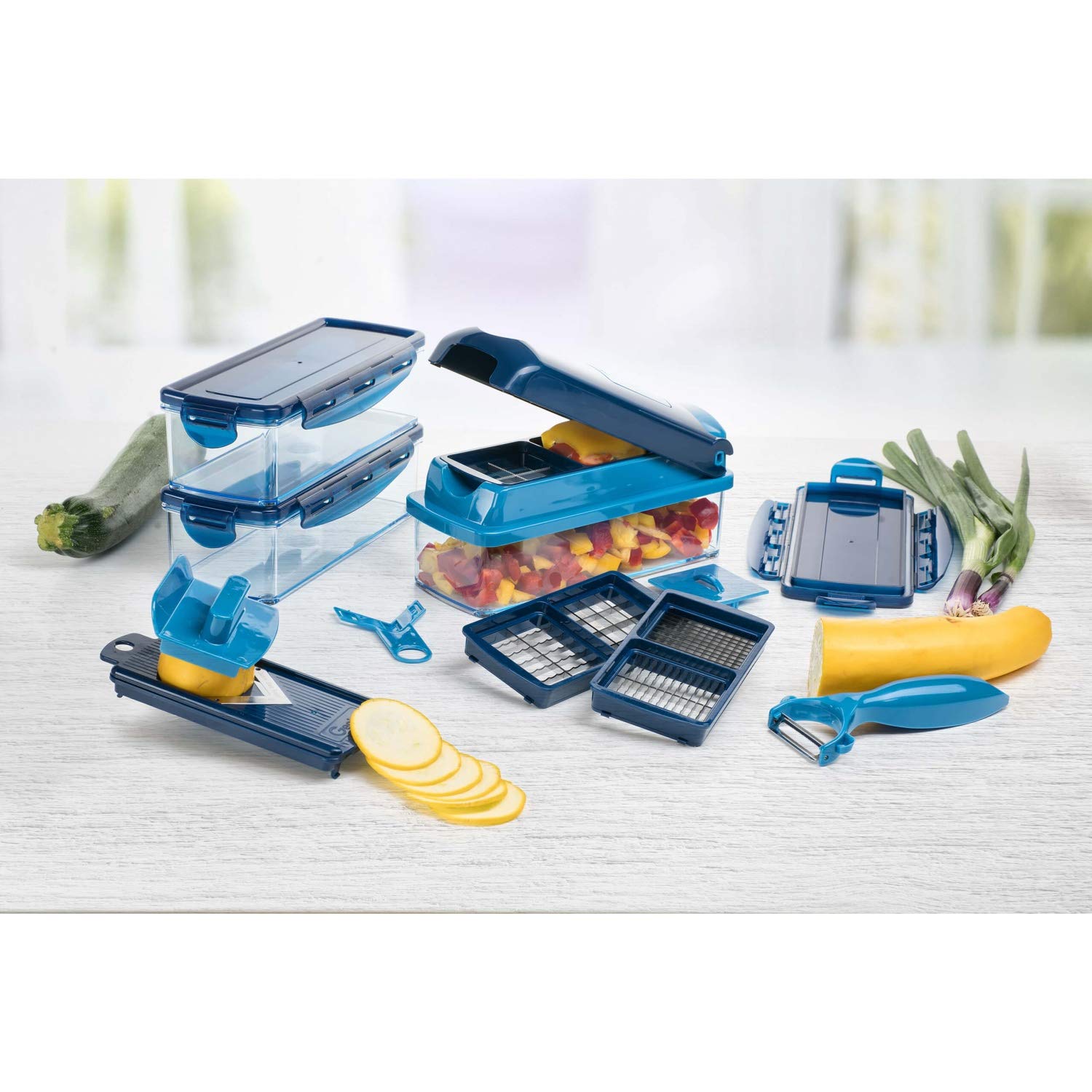 Genius Mandoline Nicer Dicer Smart 14en1 Multifunction Professionelle bleu - Coupe-légumes avec Grilles de découpe + Poussoir, Rabot, Eplucheur | dés, bâtonnets, tranches, bandes