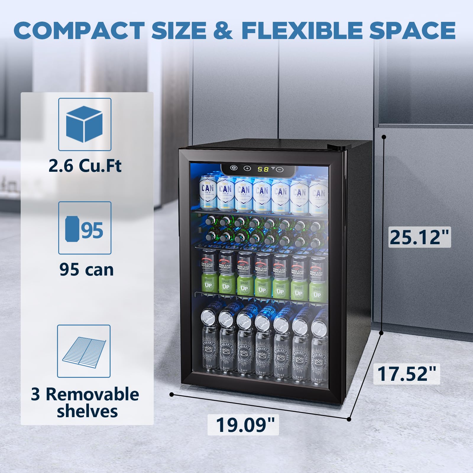 Joy Pebble Beverage Refrigerator Cooler,2.6 Cu.Ft 95 Can Mini Fridge With Glass Door For Beer Soda Wine, Small Drink Fridge With Adjustable Thermostat, For Bar Home Office,Black on Fridge.com - View 2