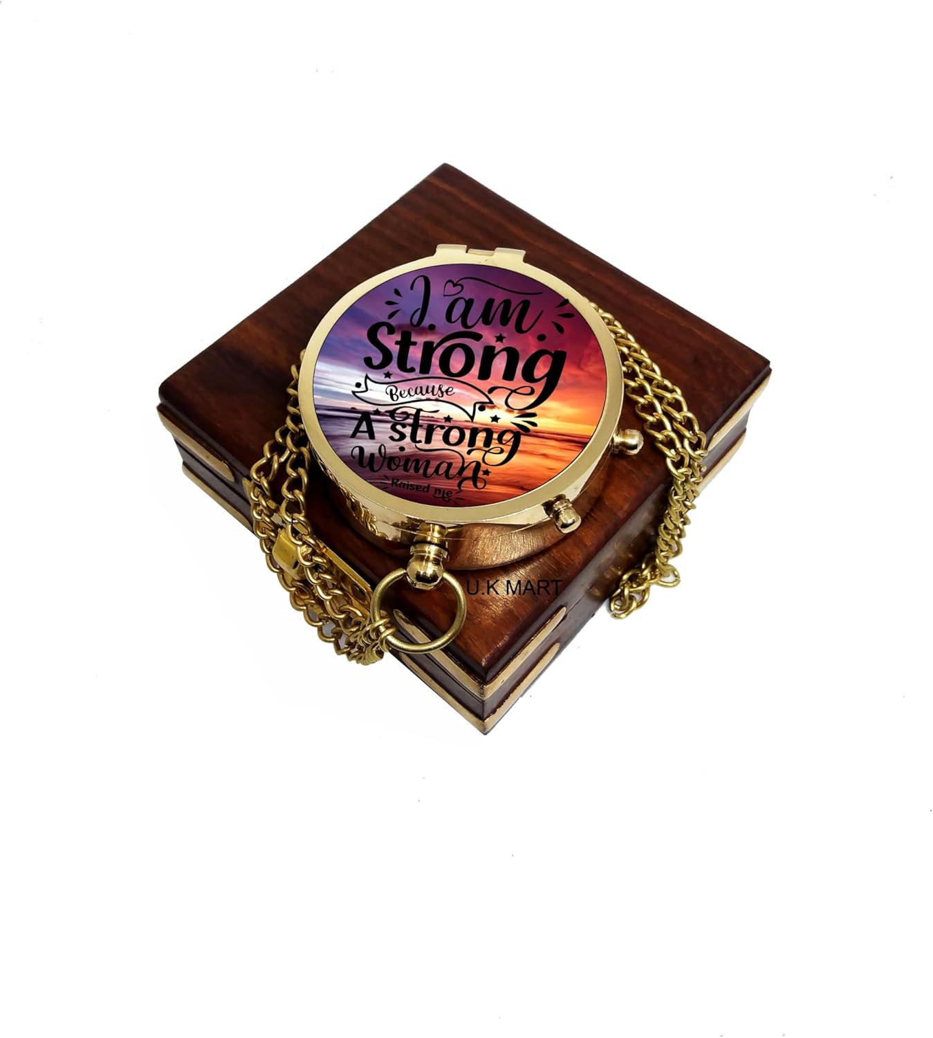 U.K. MART 2 inch Golden Brass Compass with Color Finish Images, with Wooden Box.Trust in The Lord with All Your Heart and Lean not on Your own Understanding