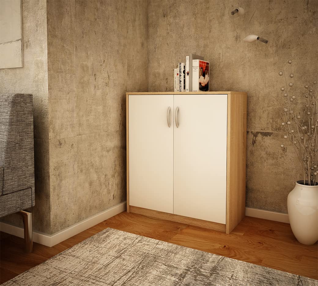 Meblando uniwersalna szafa 74 x 35 x 85 cm, szafa na ubrania biała i dąb, wielofunkcyjna szafa na akta lub meble do korytarza, komoda – 74 cm szerokości, wysoka jakość