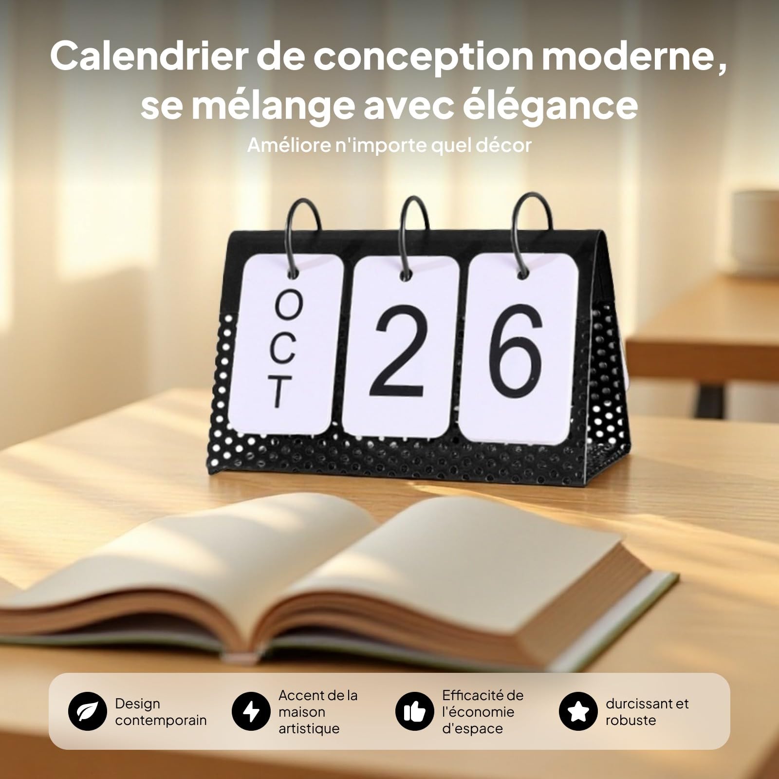 Sharplace Calendrier perpétuel créatif, décor de tournage de table à cadre en métal pour la maison, Le noir